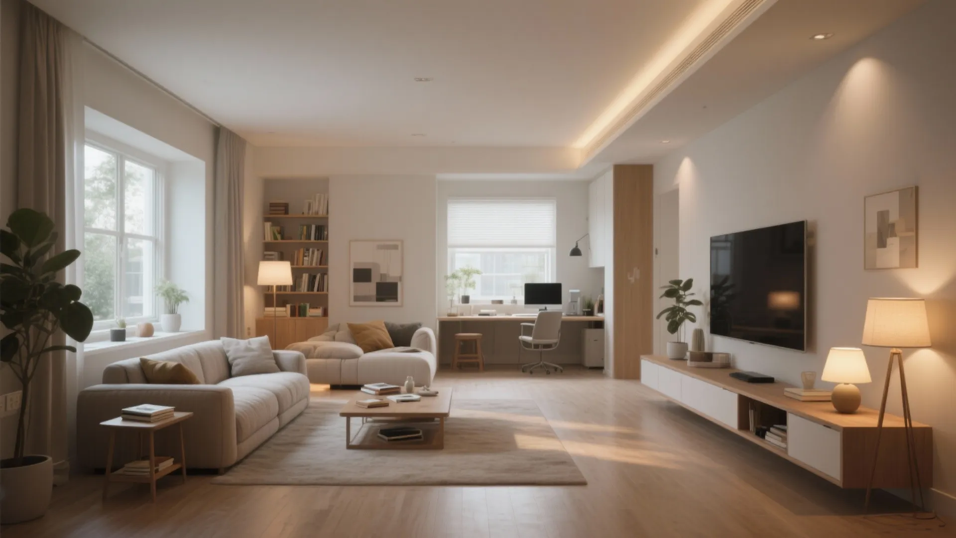 Large living room with beige sofa wood floor television unit desk area and many light fixtures