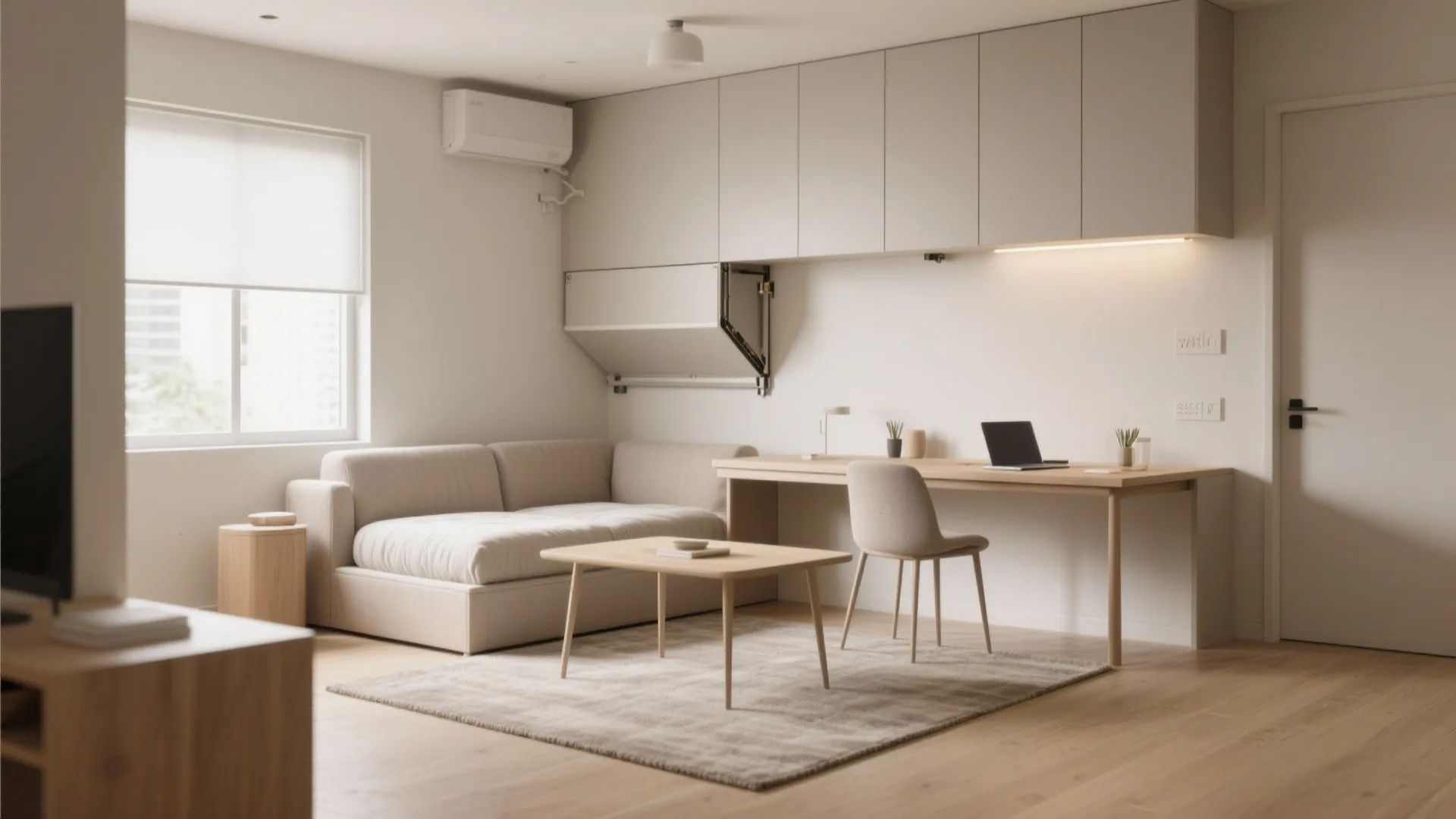 Multi-functional furniture: sofa bed + fold-down table