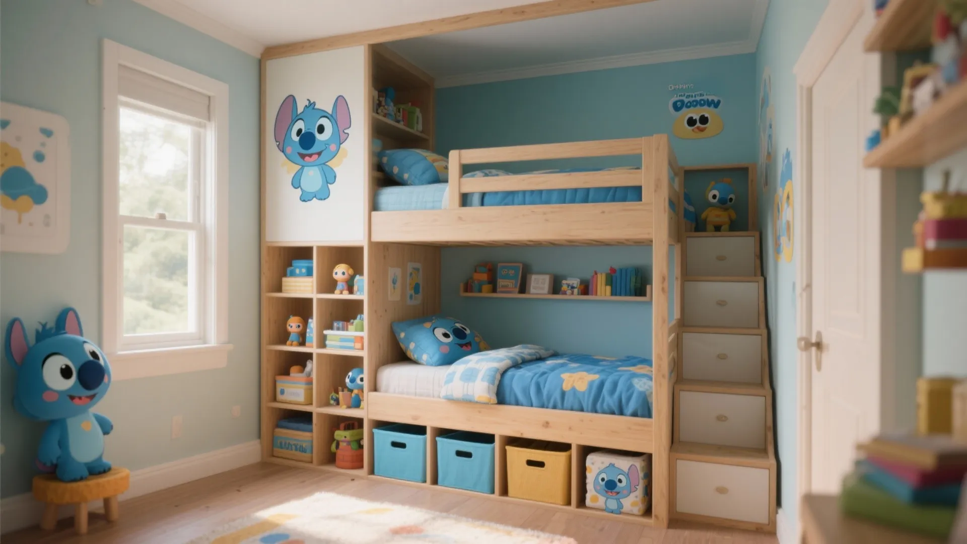 Wooden bunk bed with storage shelves stairs drawers blue bedding and blue cartoon wall decorations
