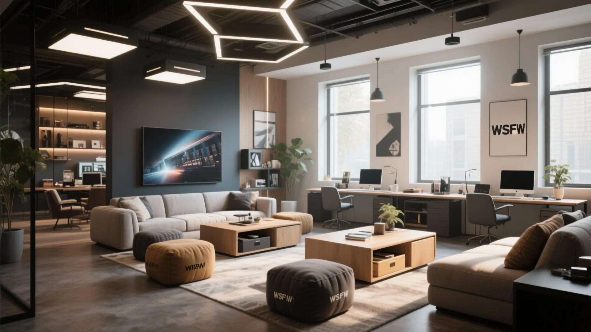 Large modern office lounge with grey sofas wooden coffee tables work desks and unique ceiling lights