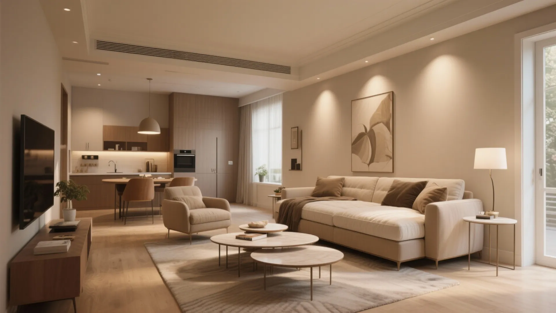 Modern open plan living room and kitchen with warm lighting beige sofa and round coffee tables