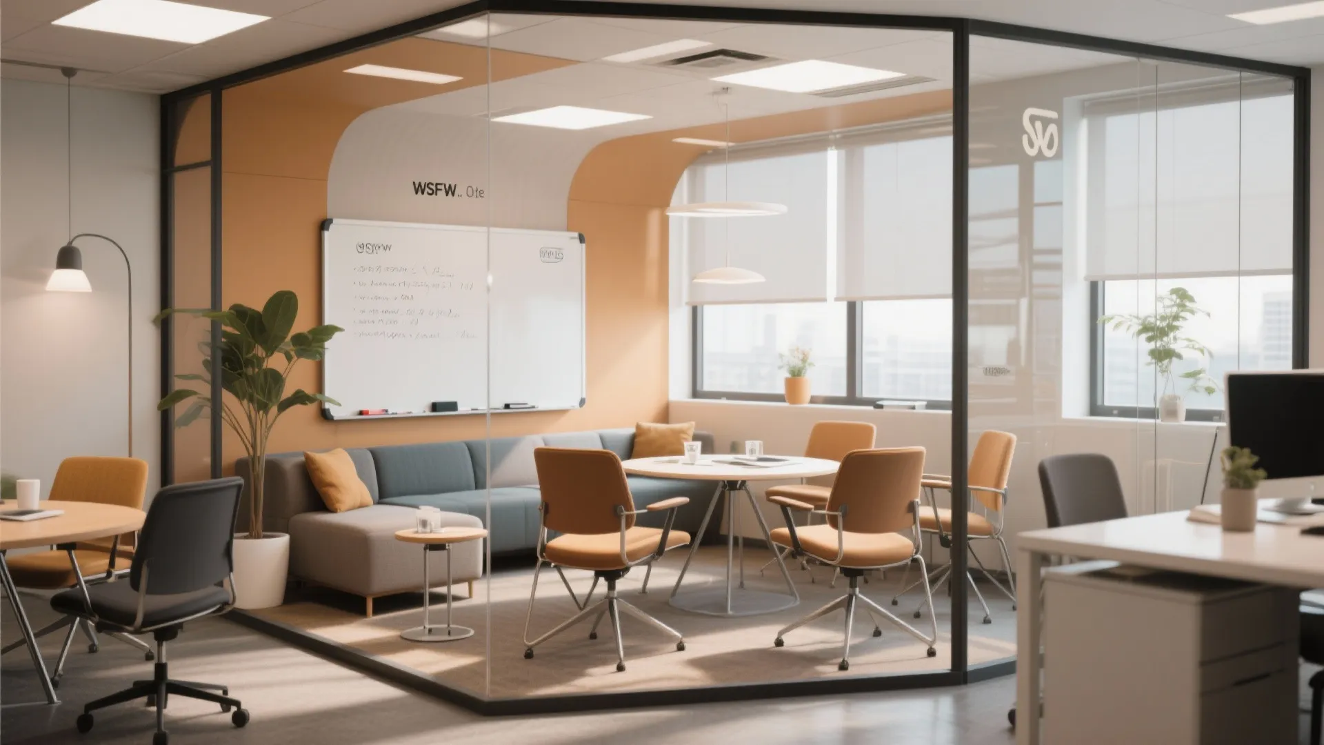 Office corner serving as both meeting area and lounge