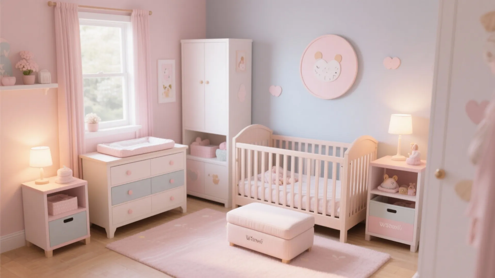 Complete nursery room with baby bed cabinet footrest pink rug and soft lighting from window