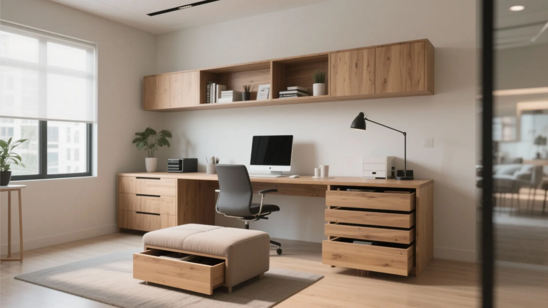 Home office with wooden desk computer wall cabinet black chair and footrest with storage drawer