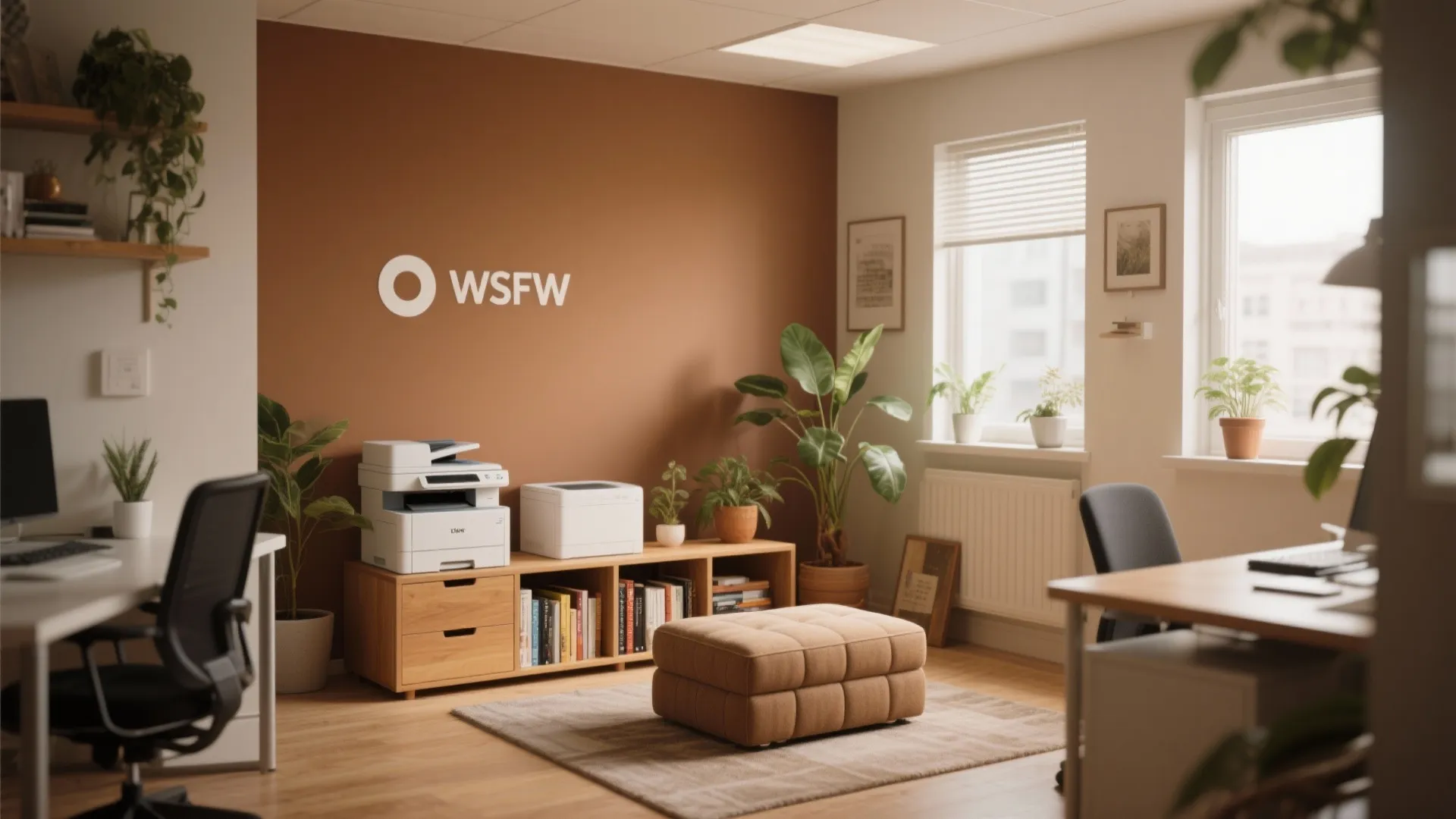 Modern office featuring brown wall wooden cabinet printer tan footrest desk chair and green plants