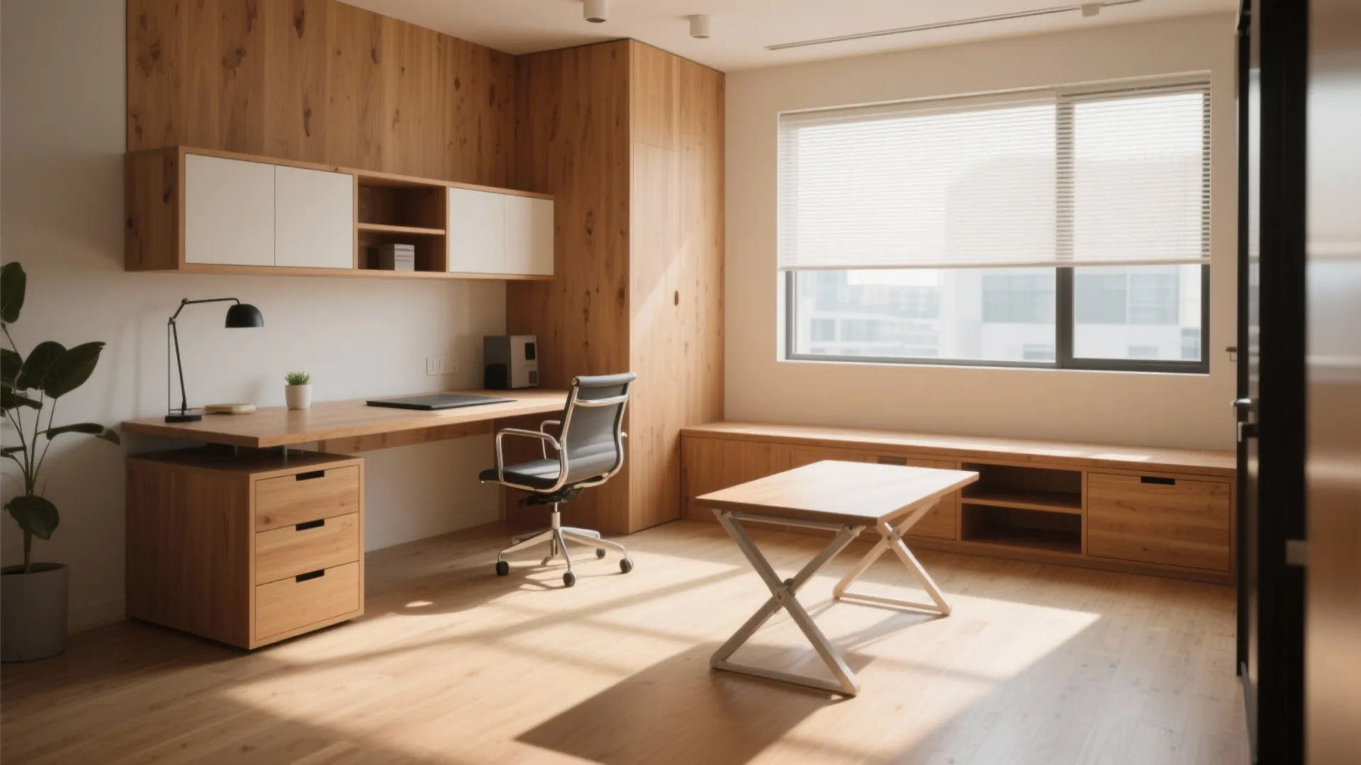 Small office with fold-out table and integrated storage desk