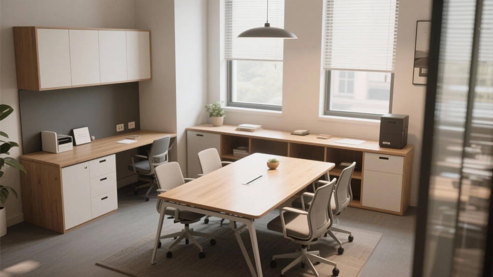 Small office with foldable meeting table and desk storage