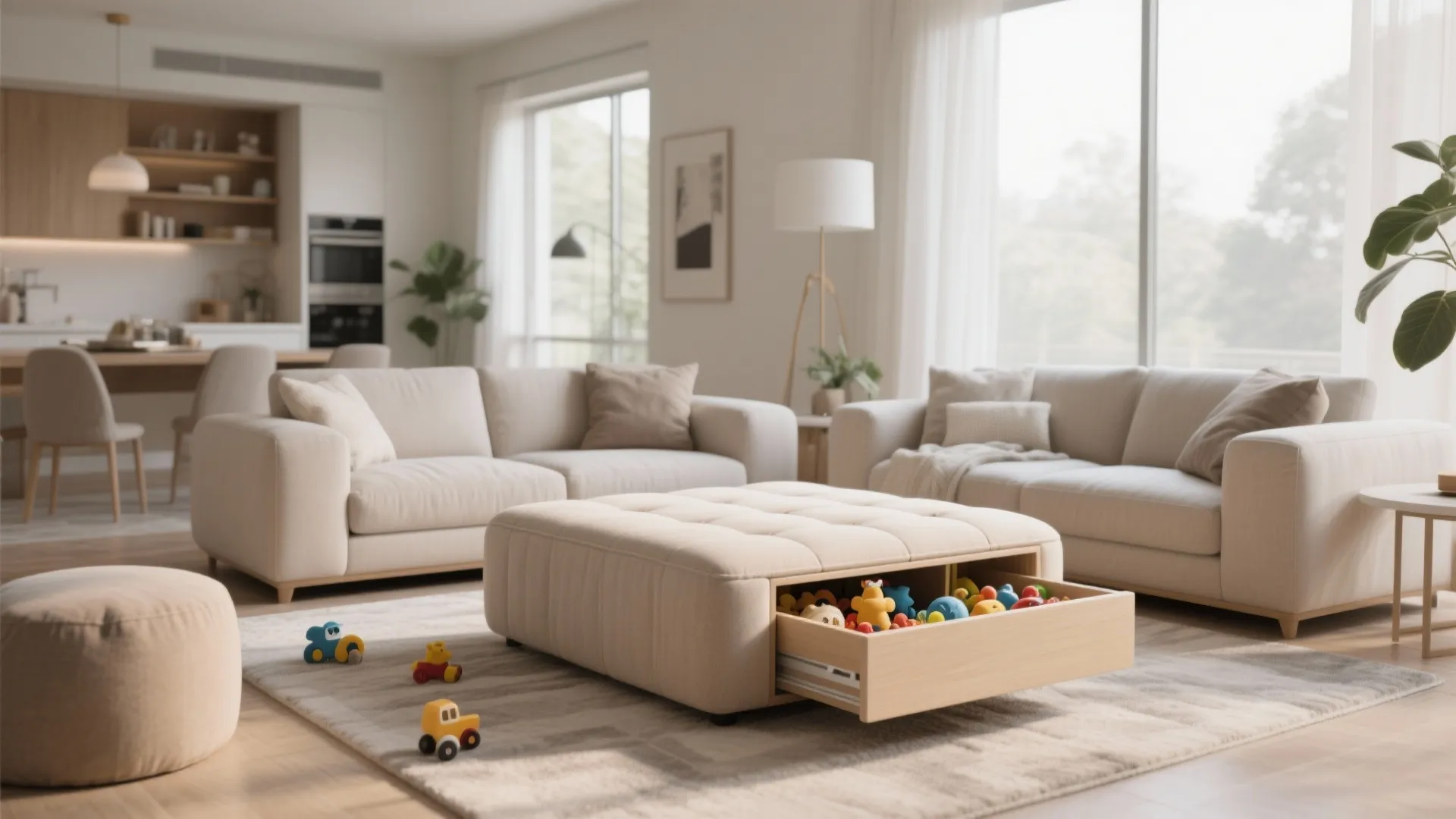 Living room with ottoman serving as toy storage and coffee table