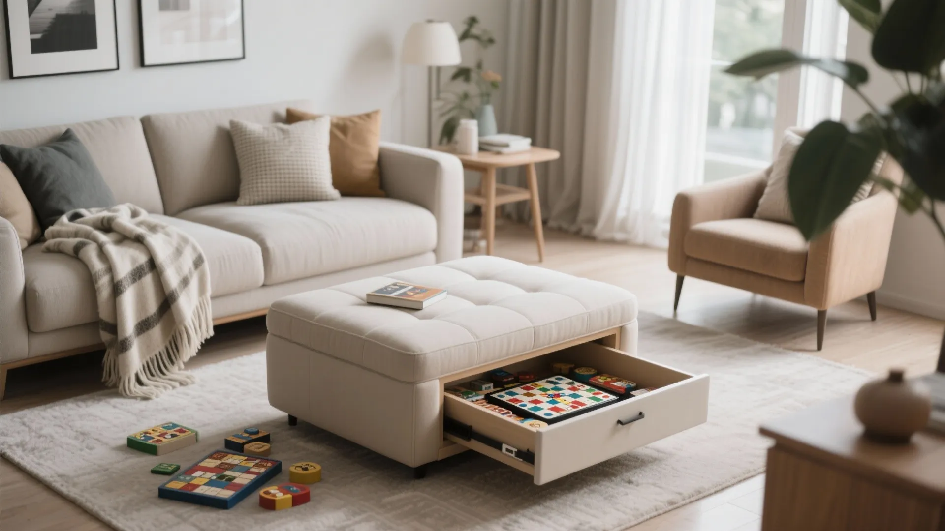 White storage footrest with open drawer showing board games in a bright modern living room