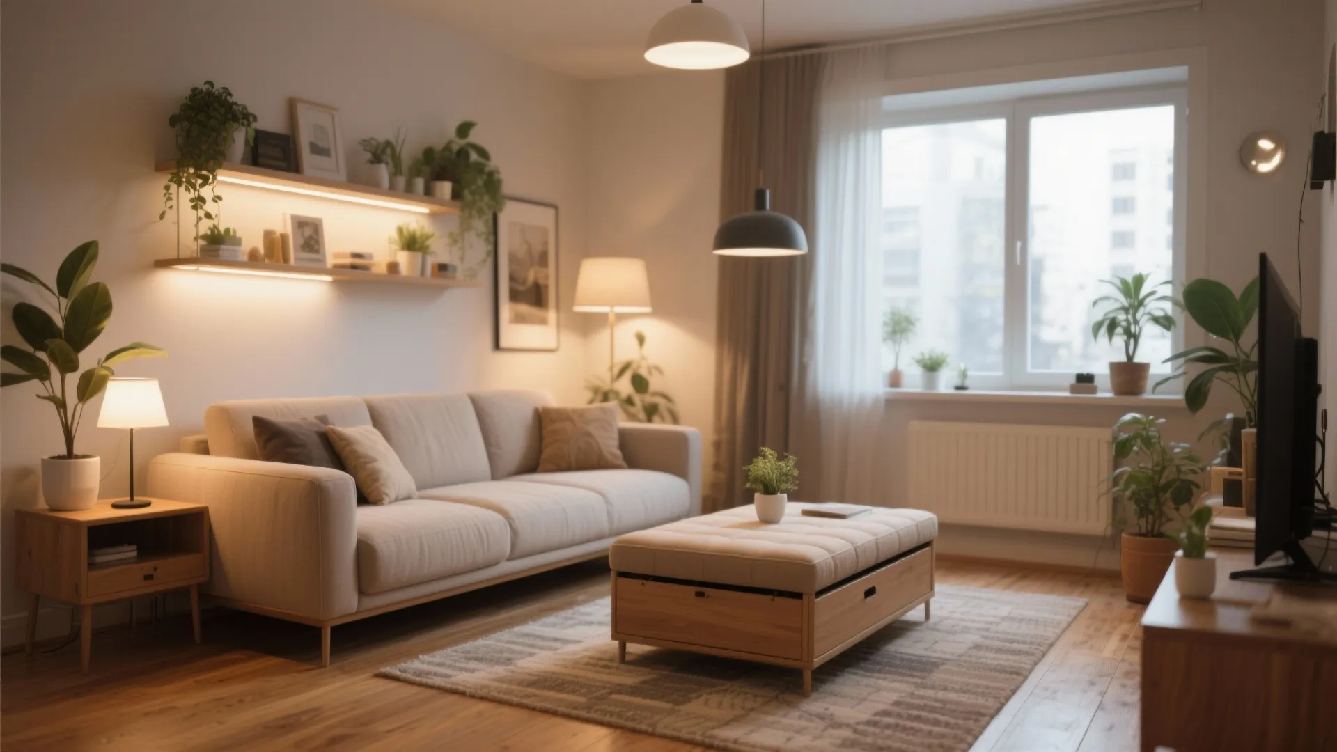 Warm living room with sofa wooden footrest storage box green plants and soft indoor lighting