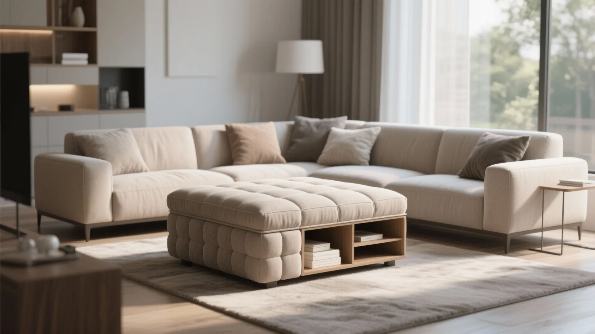 Tufted beige footrest with wooden storage shelves placed on rug in front of sectional sofa