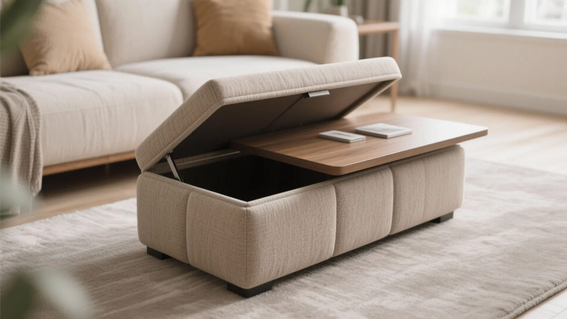 Beige fabric storage footrest with an open lid revealing a hidden wooden table top inside