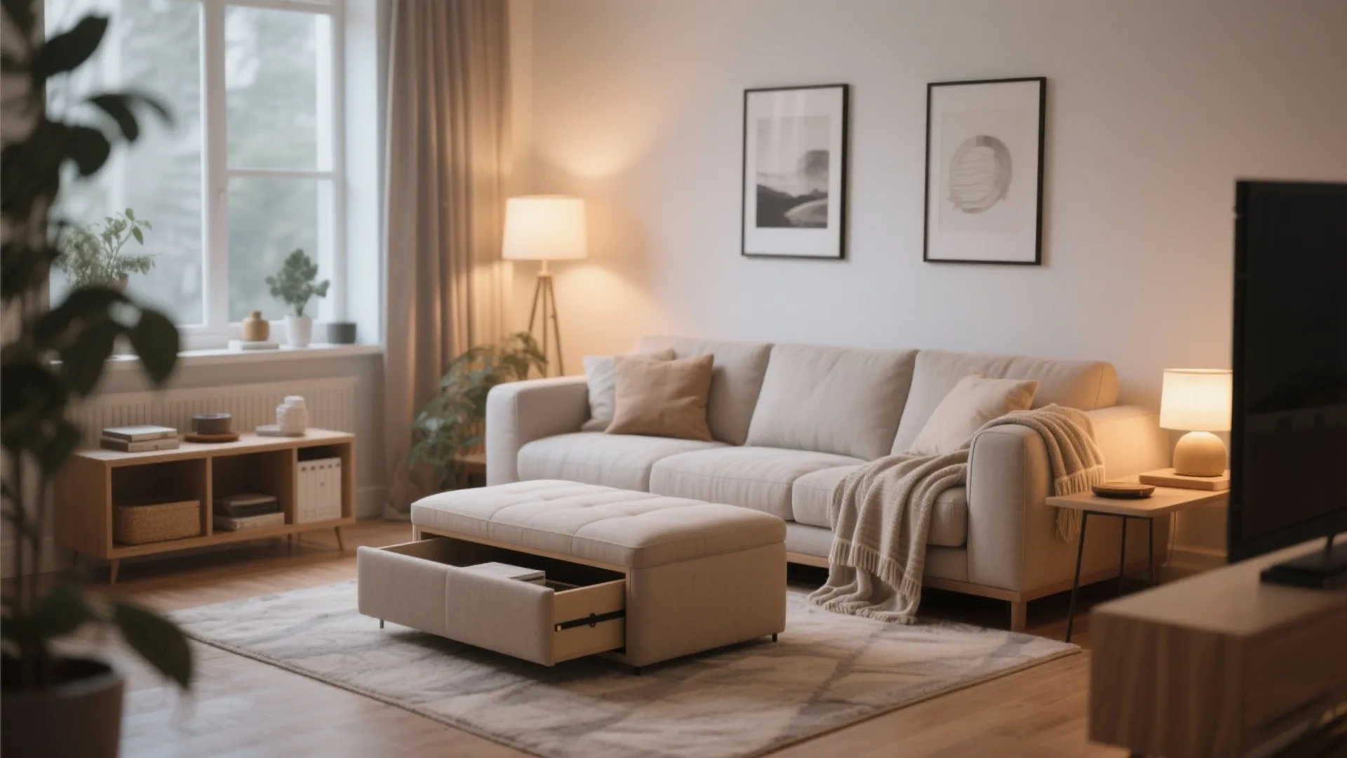 Modern living room with beige sofa and a footrest featuring a drawer for storage space