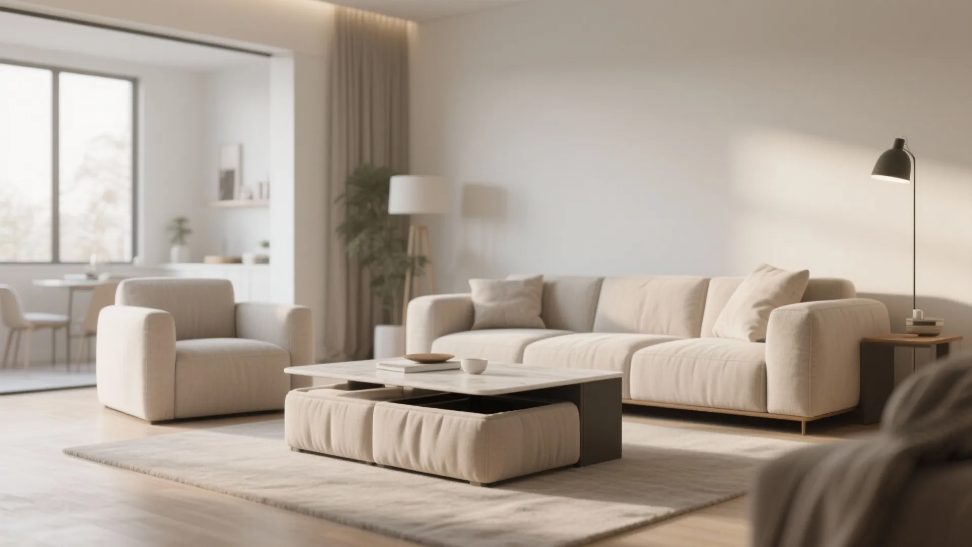 Beige sofa and marble coffee table with two footrests tucked underneath on a soft rug