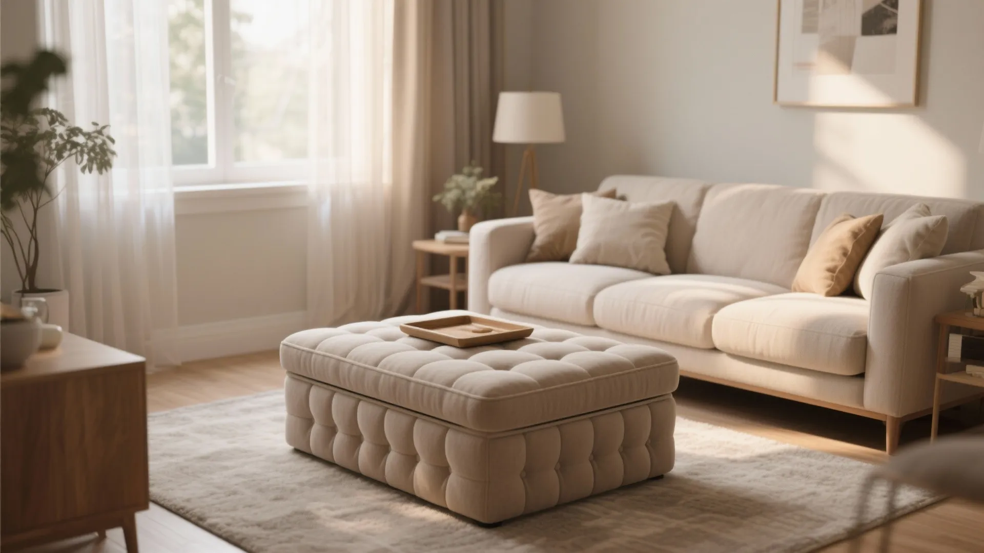 Storage ottoman serving as coffee table in cozy living room