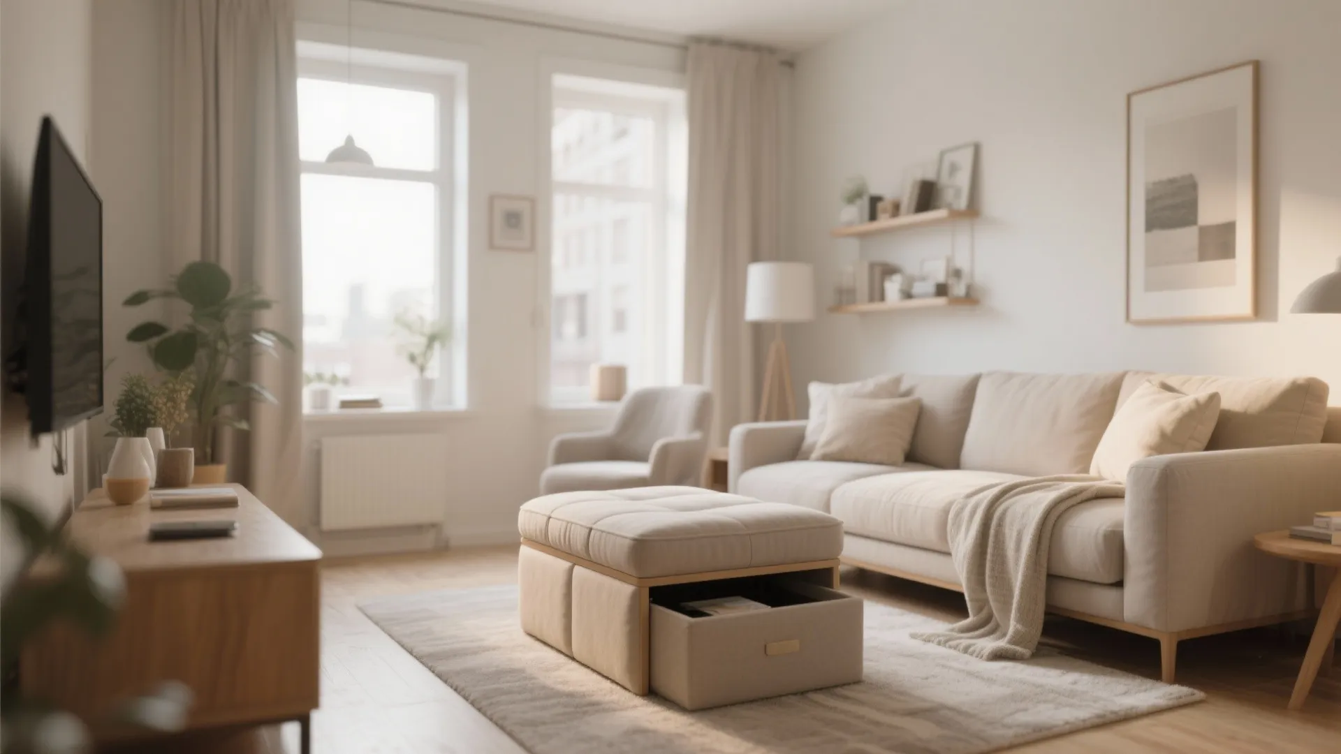 Modern living room featuring a beige sofa and a square footrest with a storage drawer