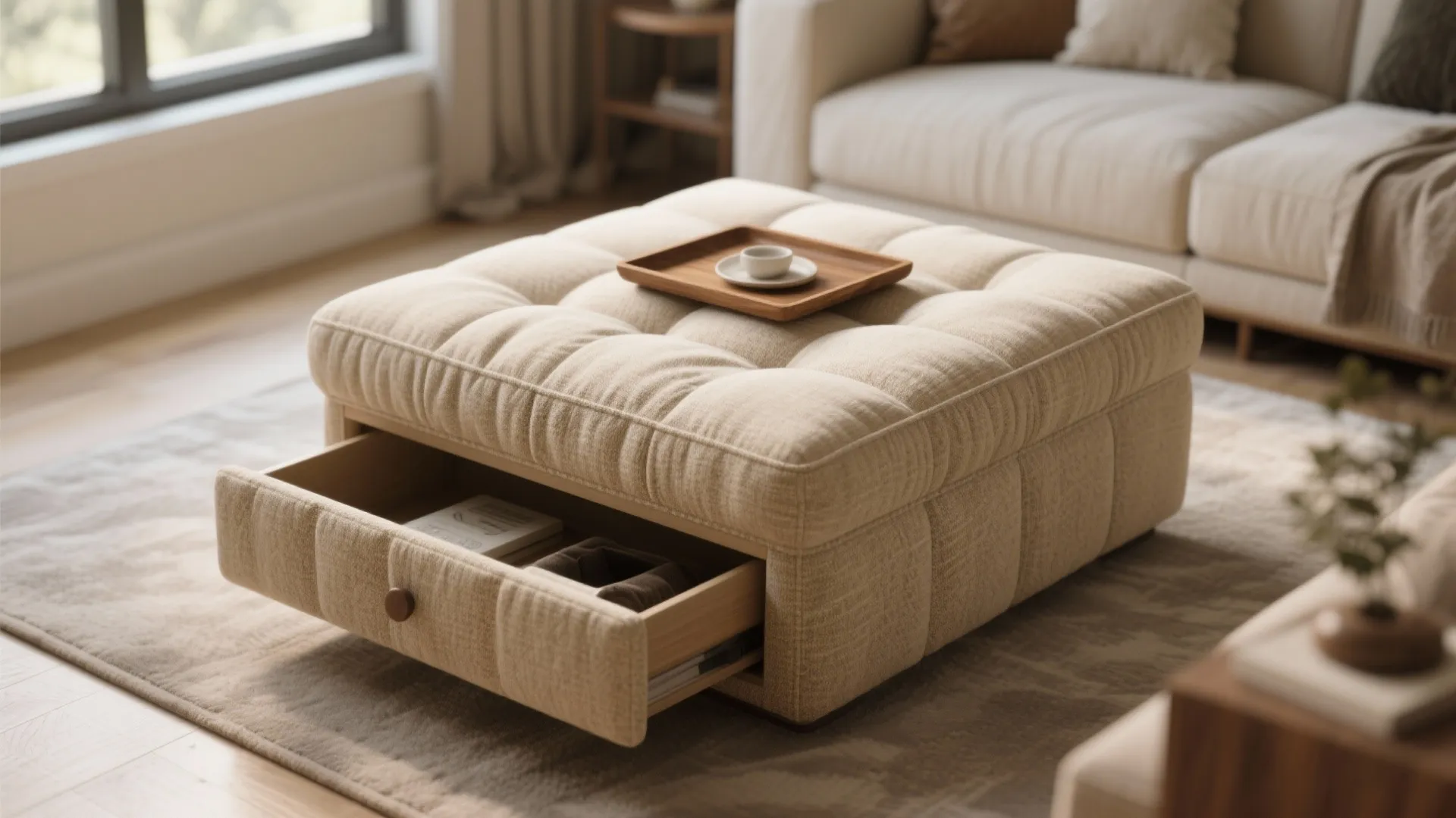 Beige footrest with open storage drawer and wooden tray on top in a living room