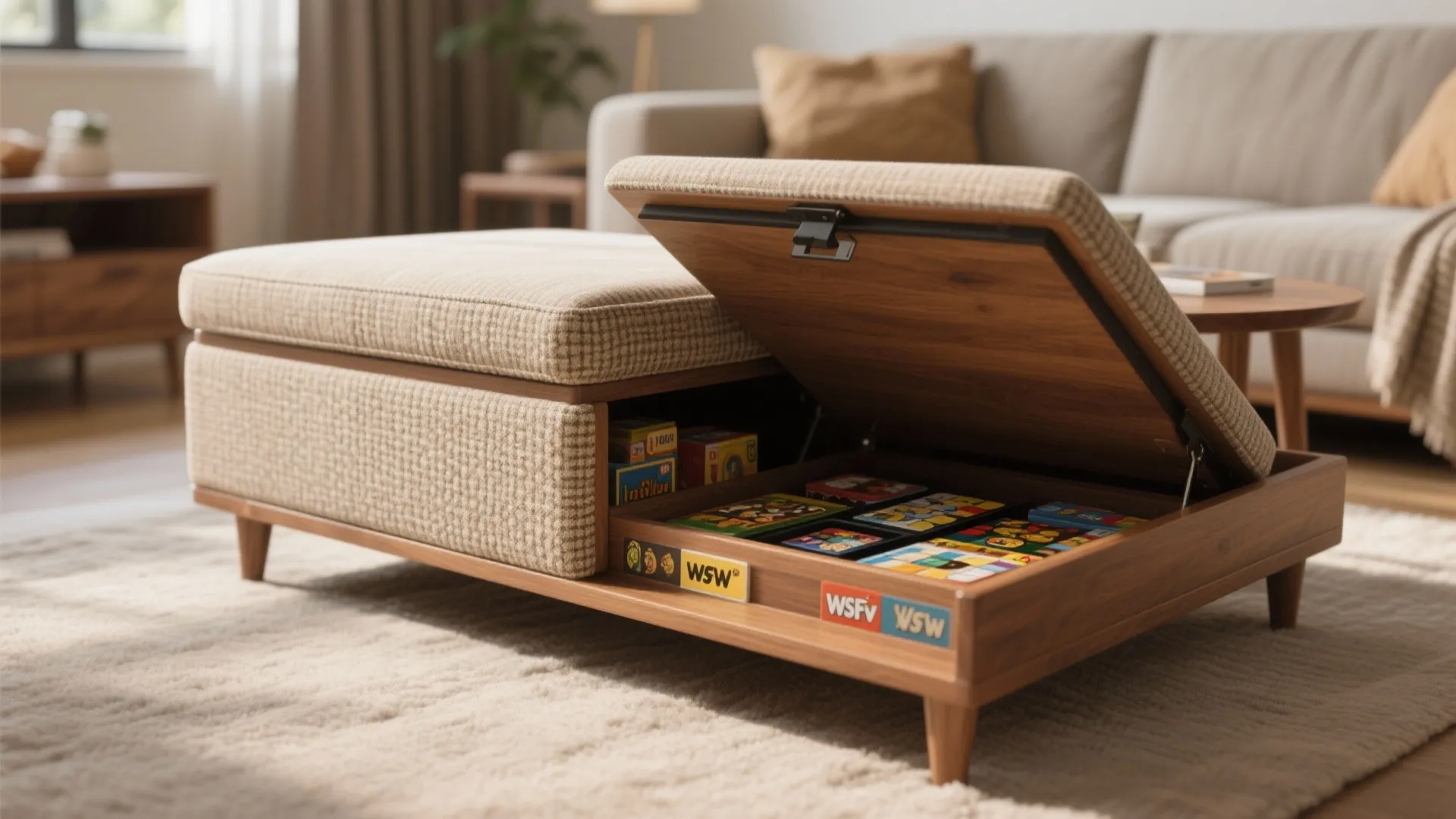 Fabric footrest with open hidden storage space inside showing organized boxes on a beige rug