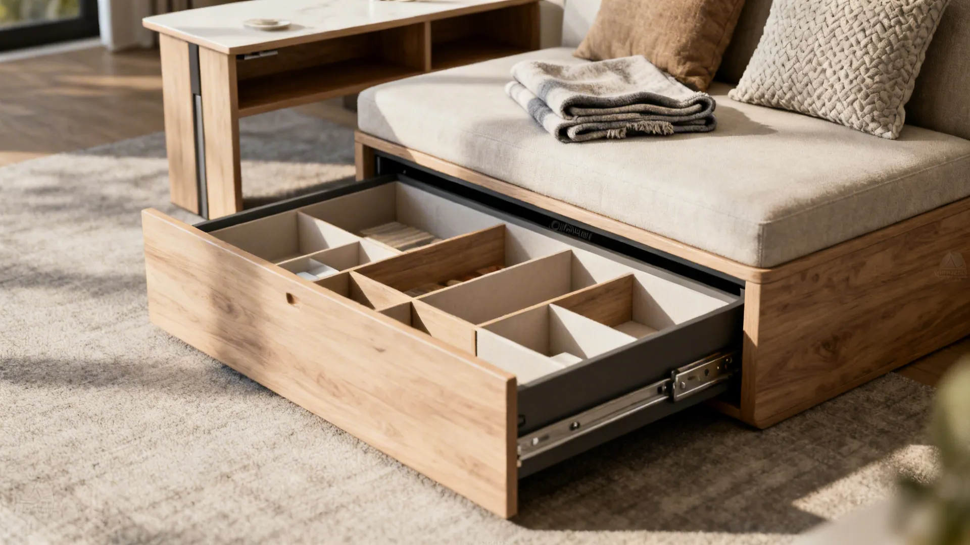 Storage ottoman open to show compartments beside a slim console convertible to a dining spot.