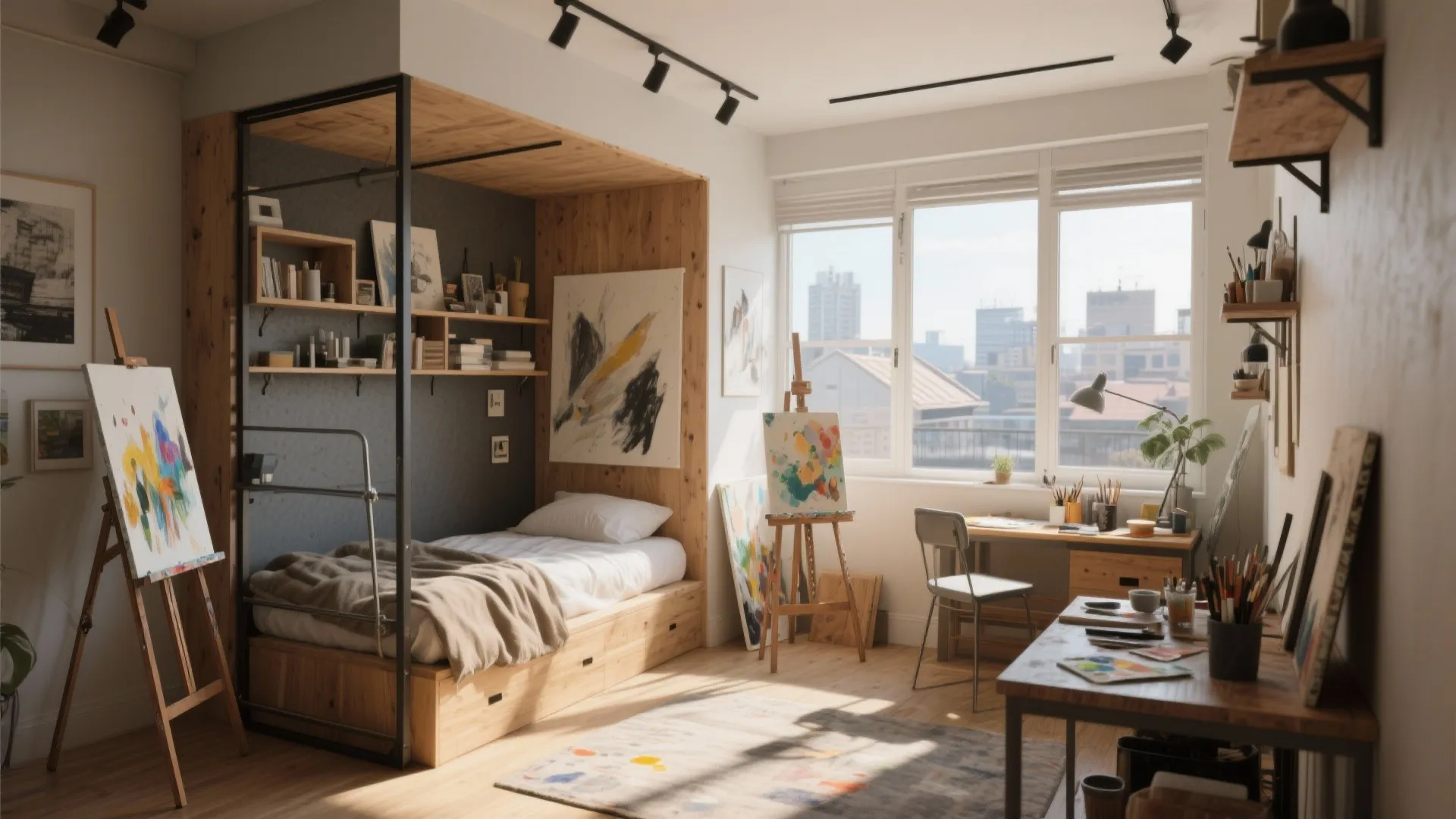 Artist studio bedroom with wooden bed frame painting easel work desk and city view window