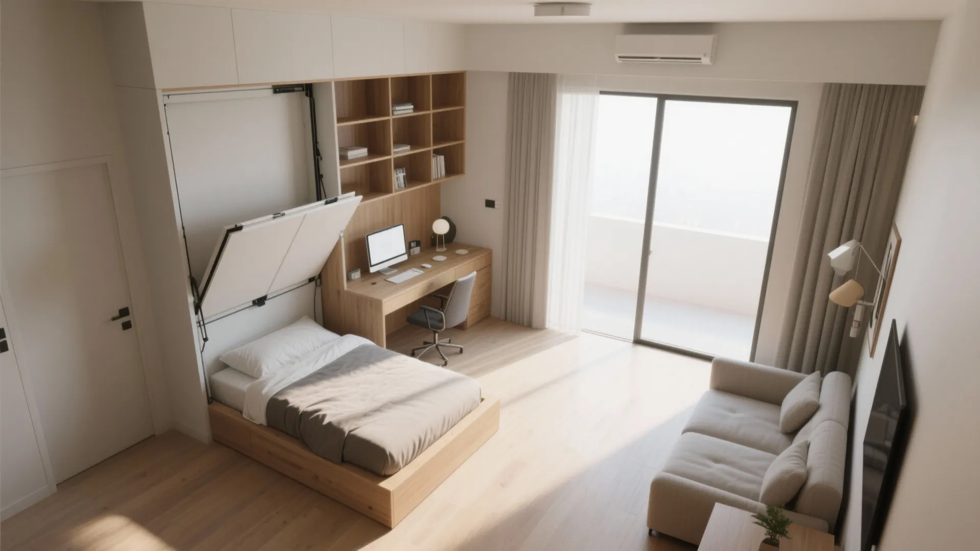 Modern multi-functional room with fold down wall bed wooden desk office chair and natural light