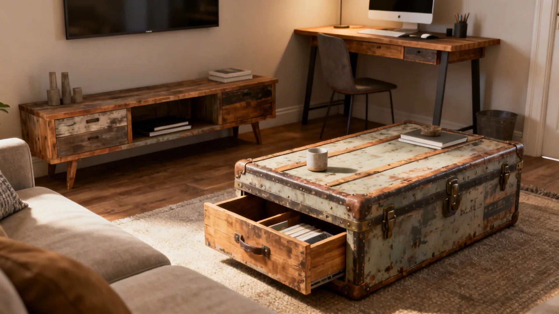 Distressed trunk coffee table and narrow console desk in a compact rustic living room