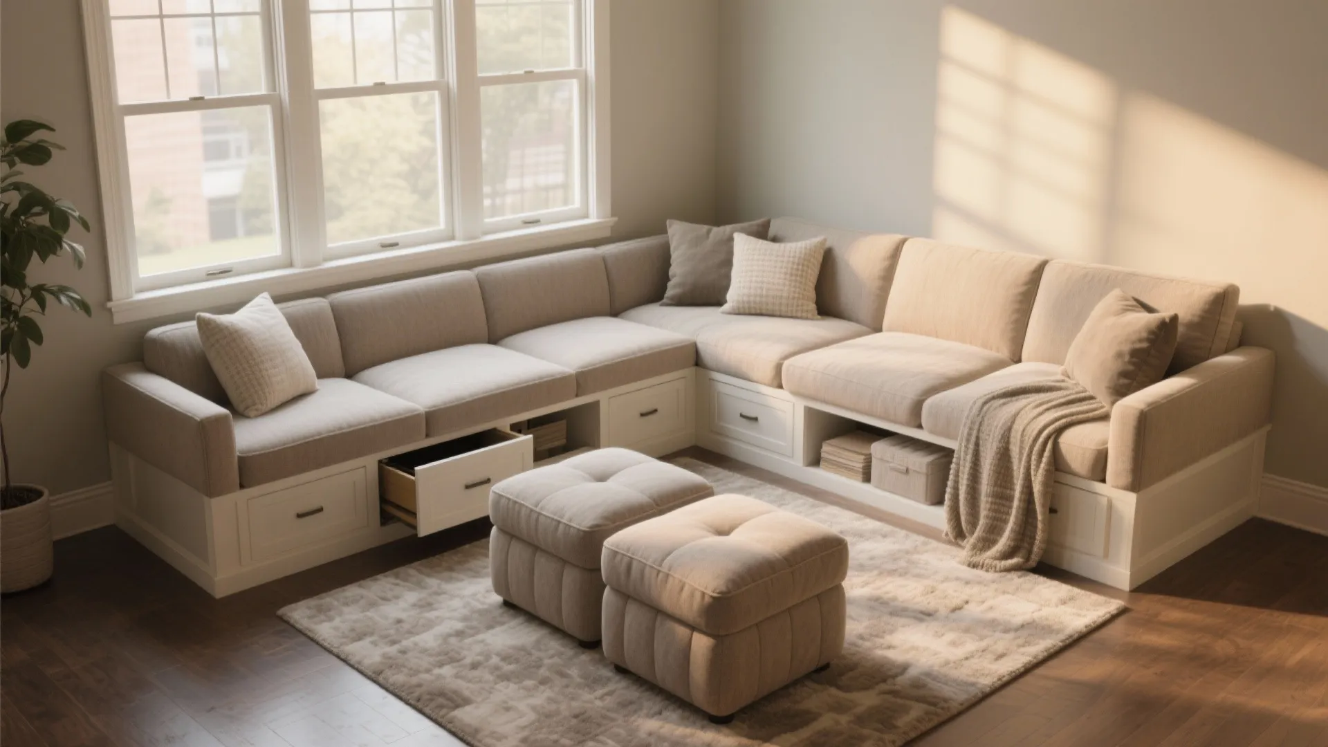 Corner sofa with storage drawers underneath plus two matching footrests on rug near a window