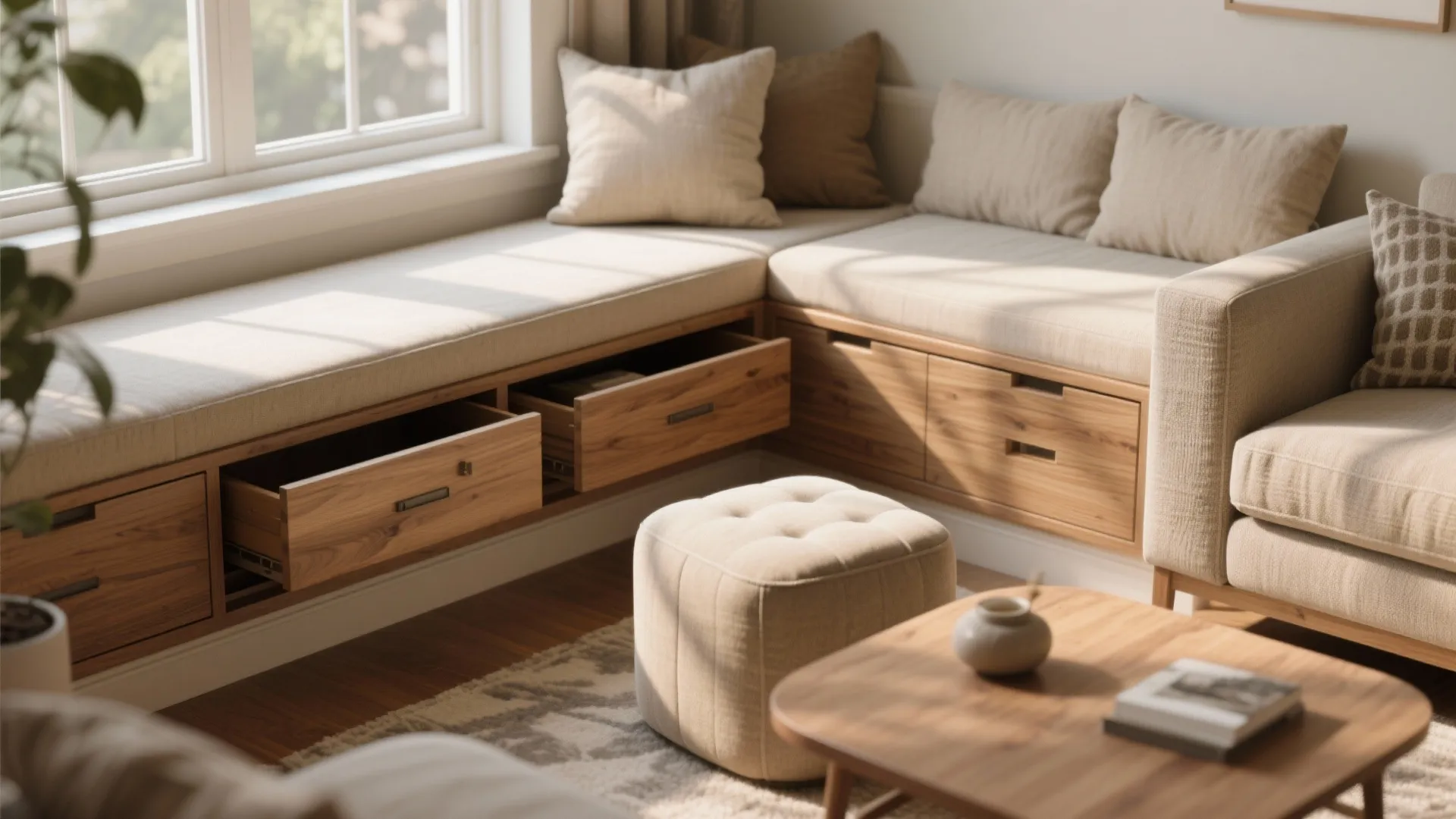 Modern wooden window seat with storage drawers neutral pillows beige footrest and small coffee table