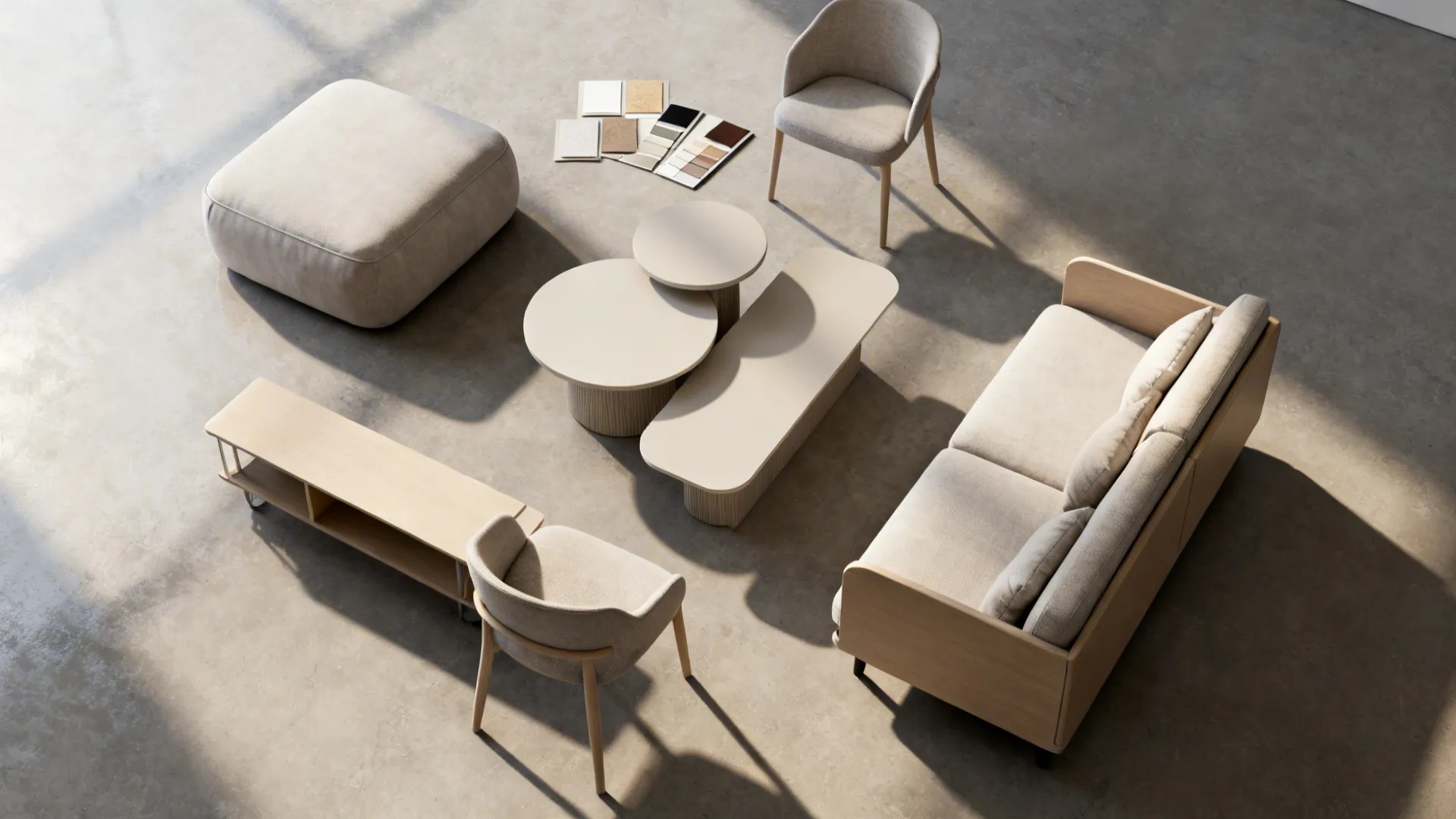 Top-down view of ottoman, nesting tables and compact seating showing flexible arrangements for small living rooms.