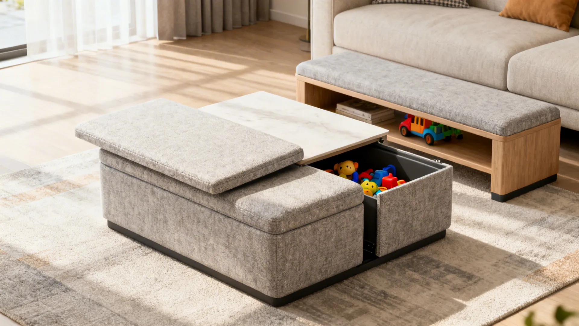 Grey storage footrest with marble top holding colorful toys in bright sunny living room area