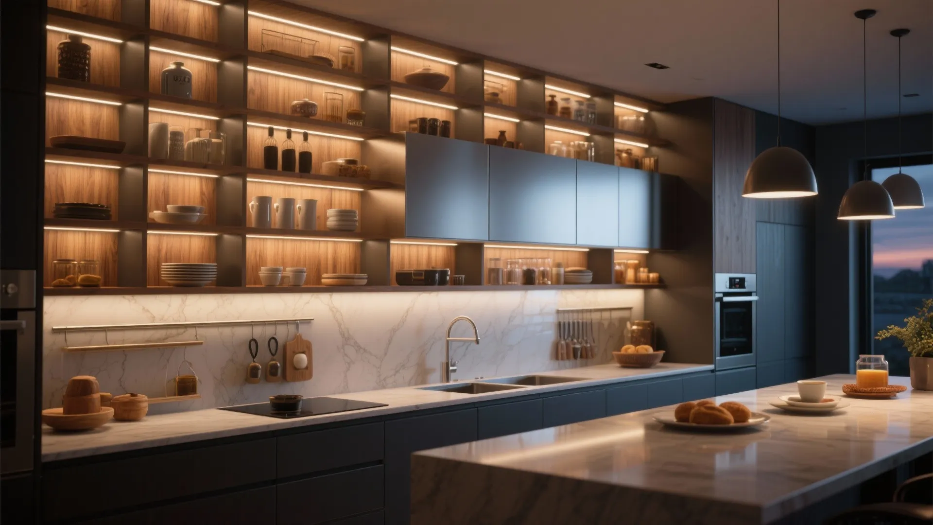 Full wall shelf system with storage, display, and breakfast counter