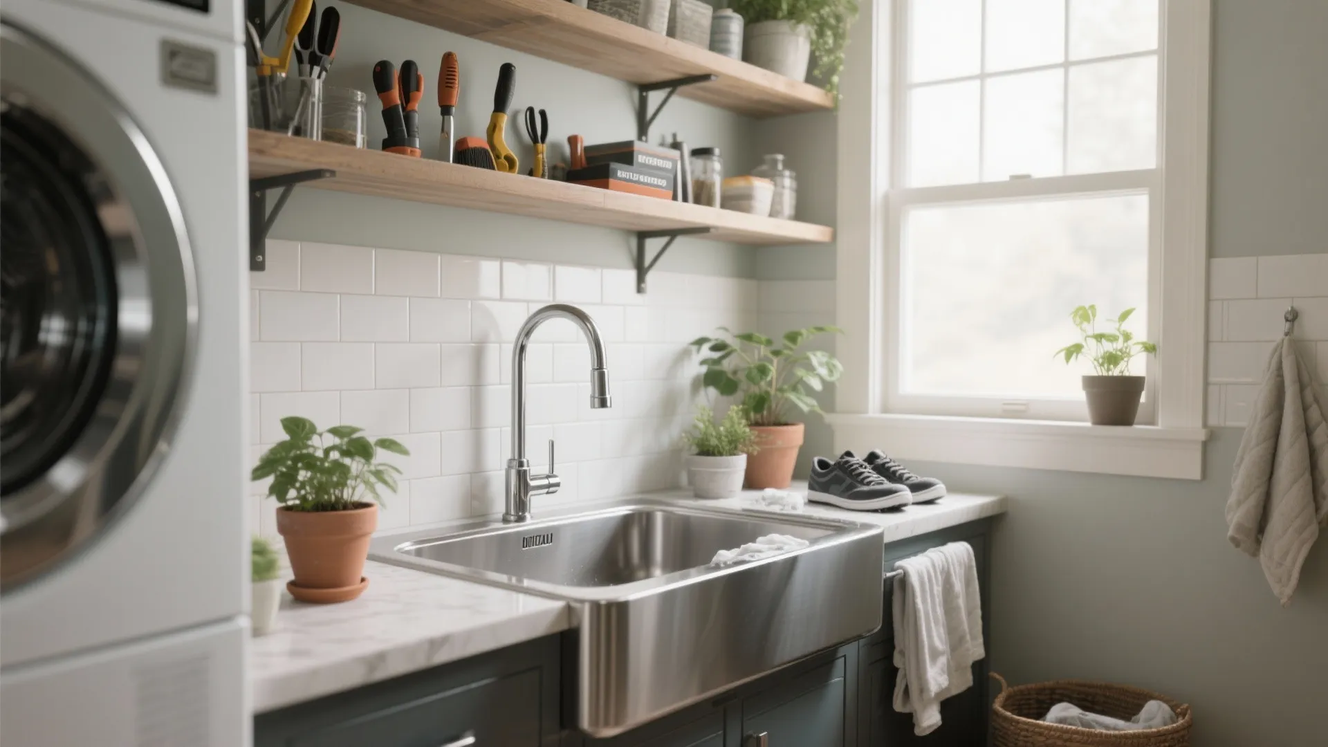 Laundry room sink with metal faucet wooden shelves potted plants and a white washing machine