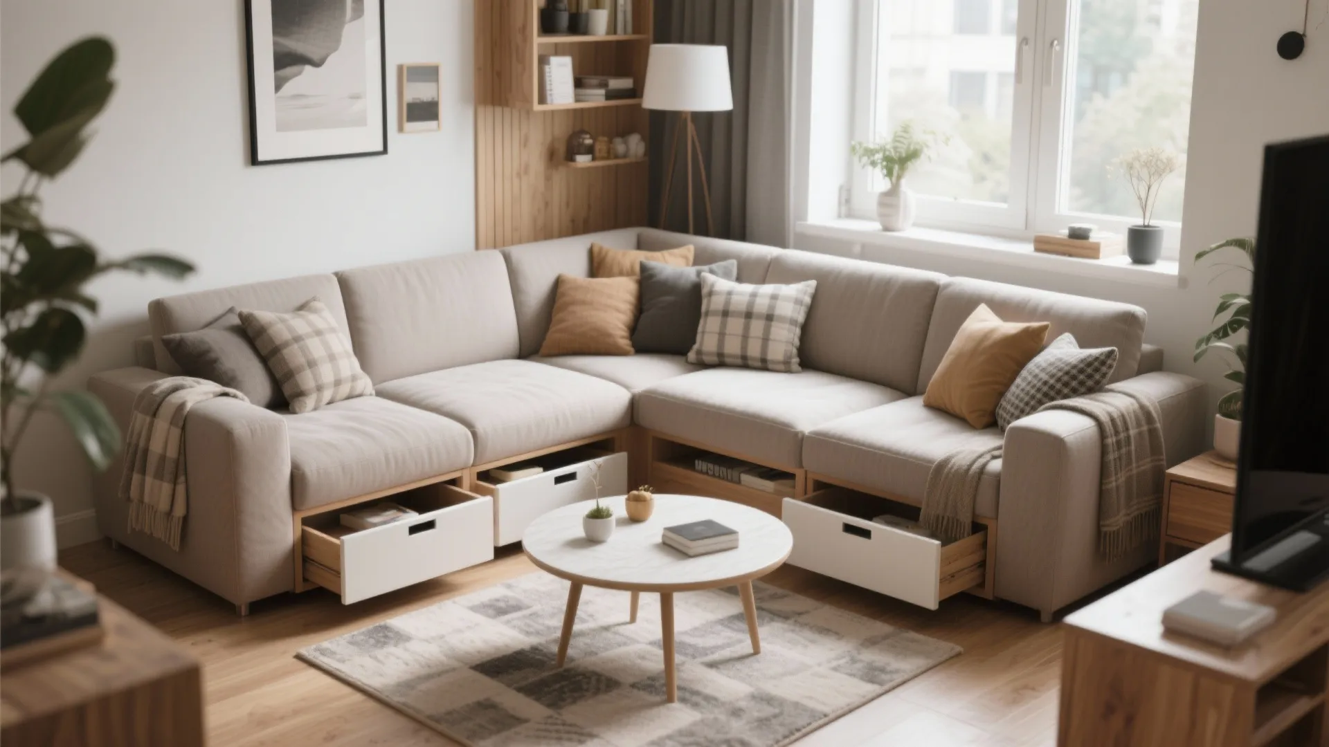 Small family room with sectional sofa featuring hidden storage