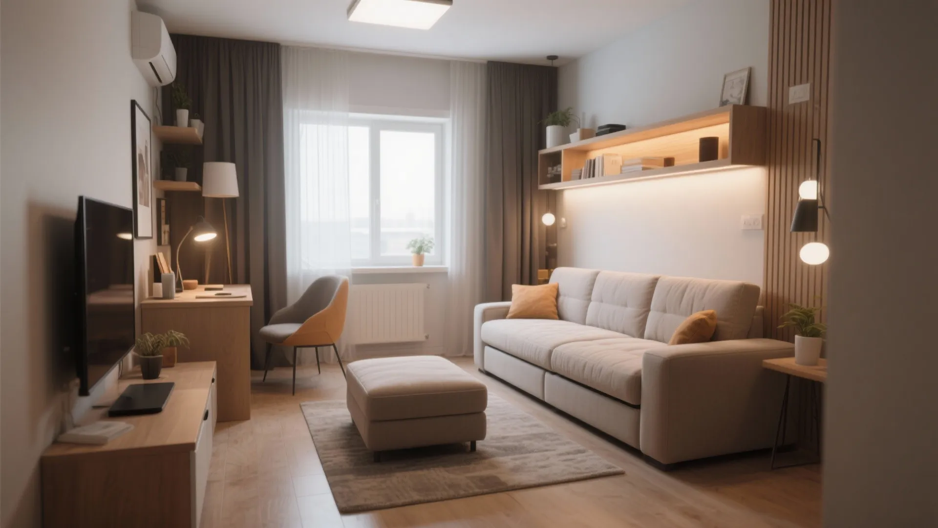 Living room with light sofa footrest wooden desk area wall shelves and a warm light fixture