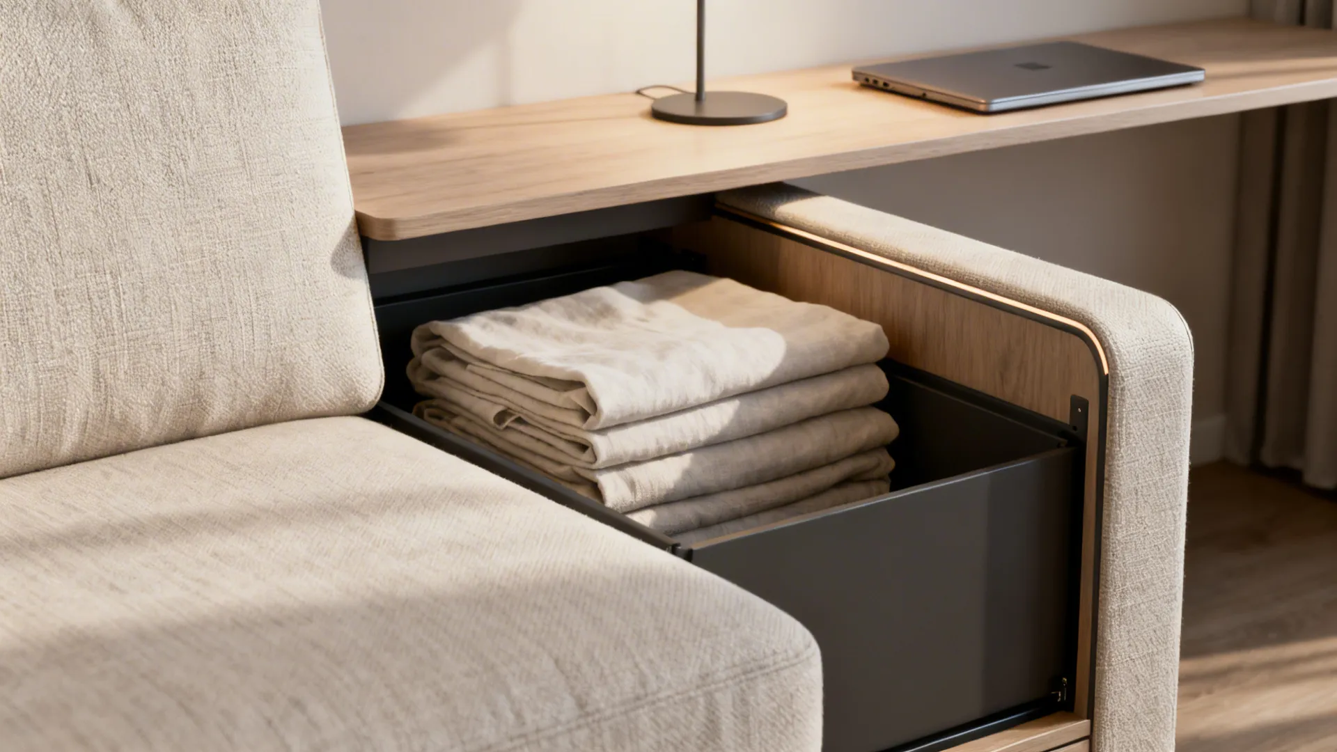 Close-up of a slim storage sofa and console workspace in a small living room