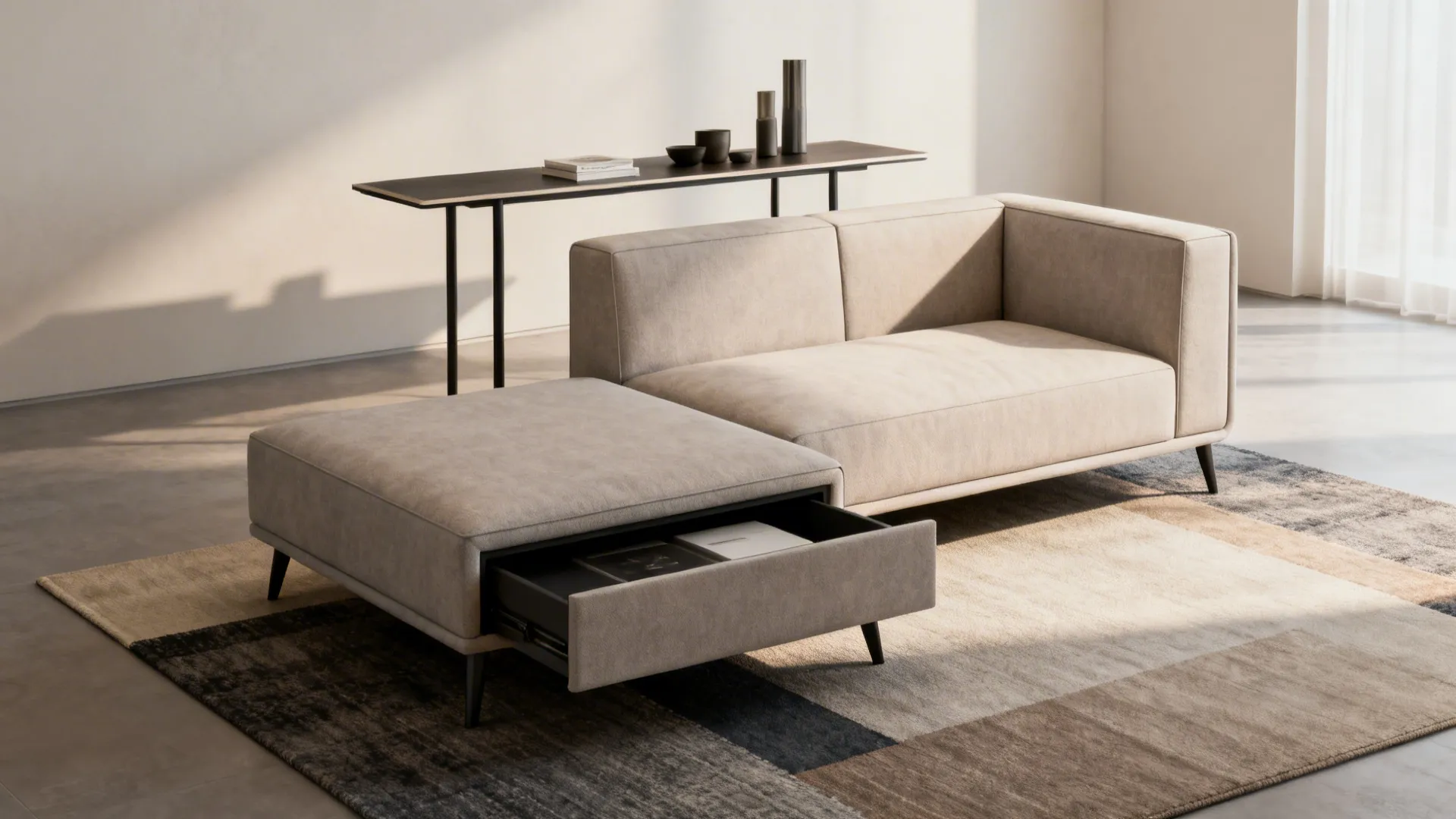 Compact living room with modular sofa, storage ottoman and slim console table behind sofa