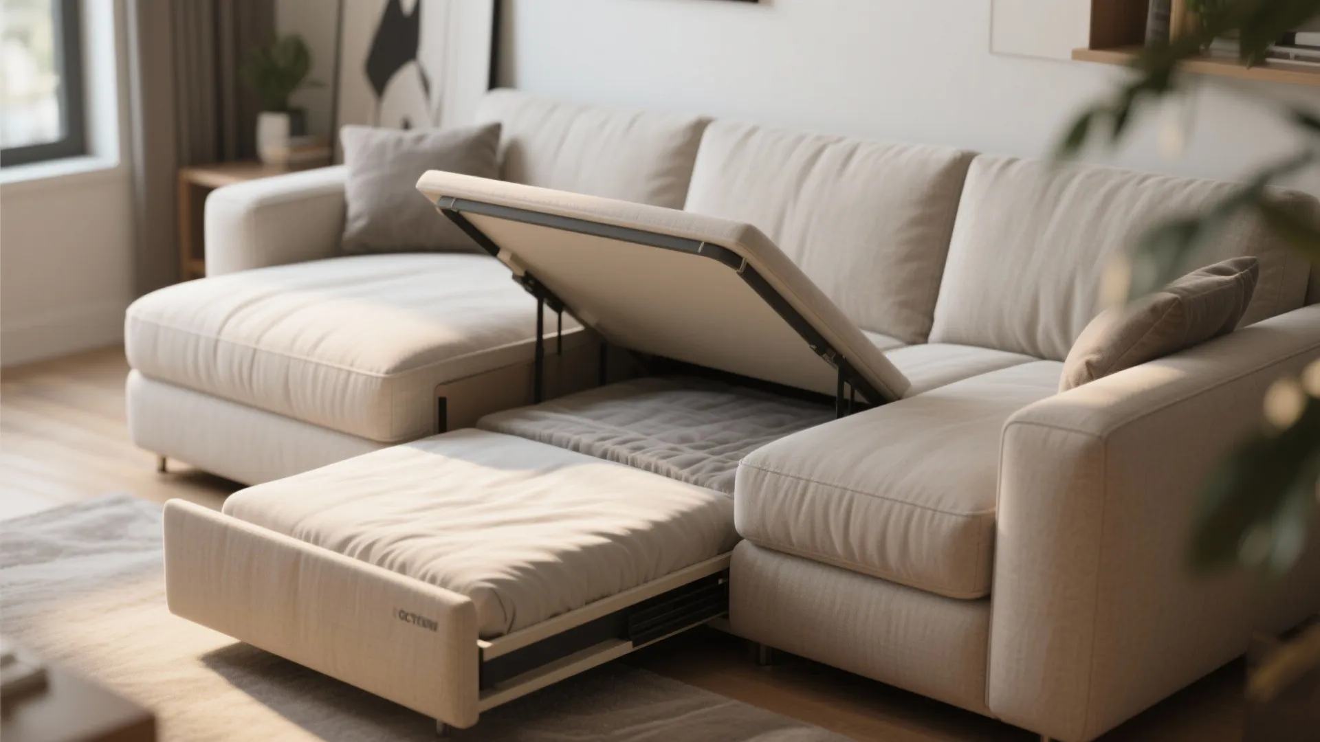 Multi-functional sofa with a pull out bed mechanism shown in a bright modern living room