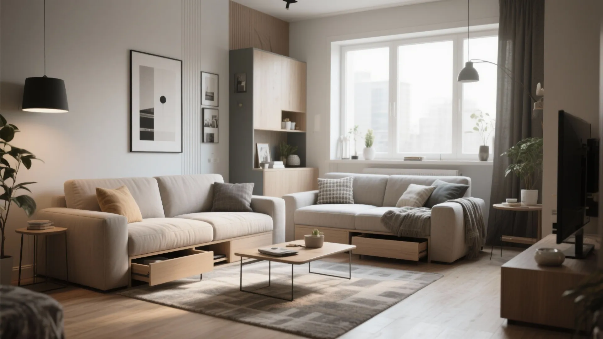 Compact studio with sofa daybed and second sofa