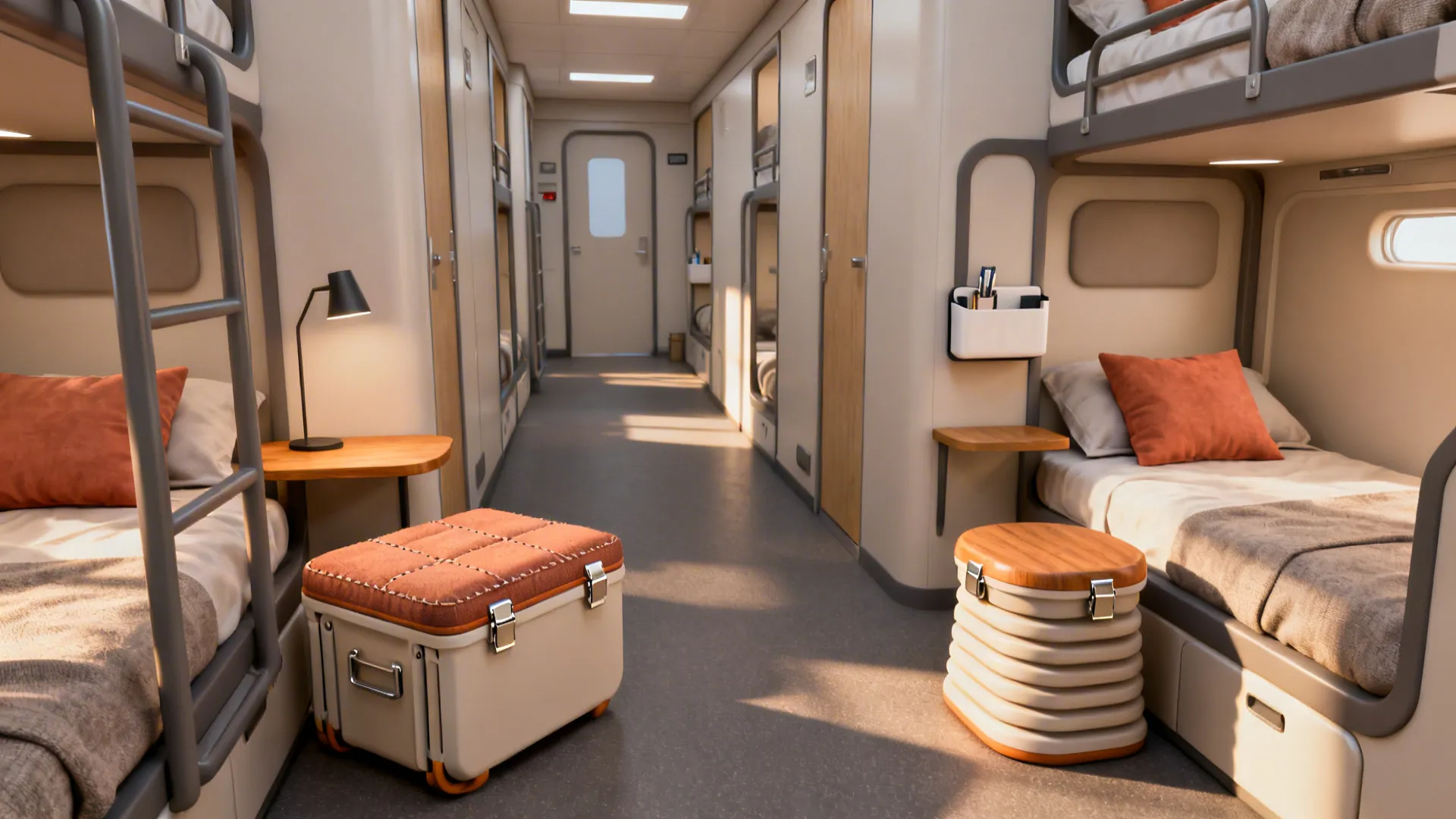 Small hostel room with a storage ottoman, stackable stool, and clip-on caddy featuring rounded profiles.