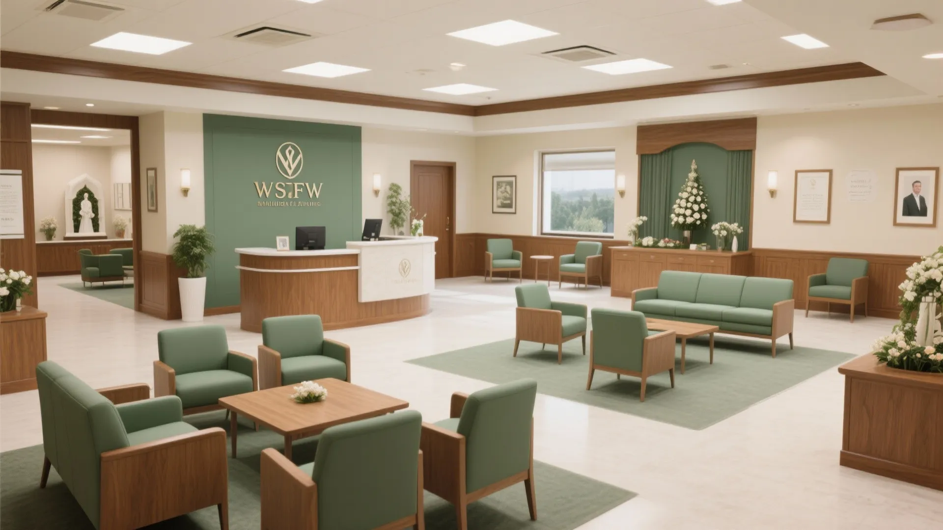 Modern office reception area with green chairs wooden tables a curved desk and white floral decorations