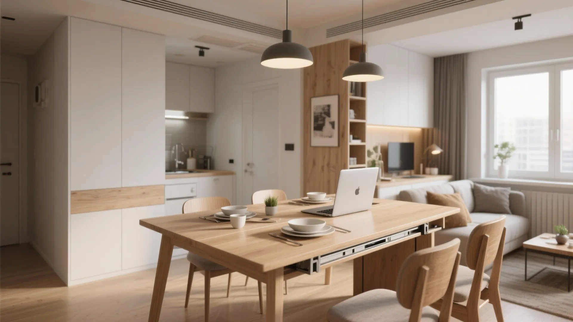 Modern wooden dining table with laptop and bowls in an open plan living and kitchen