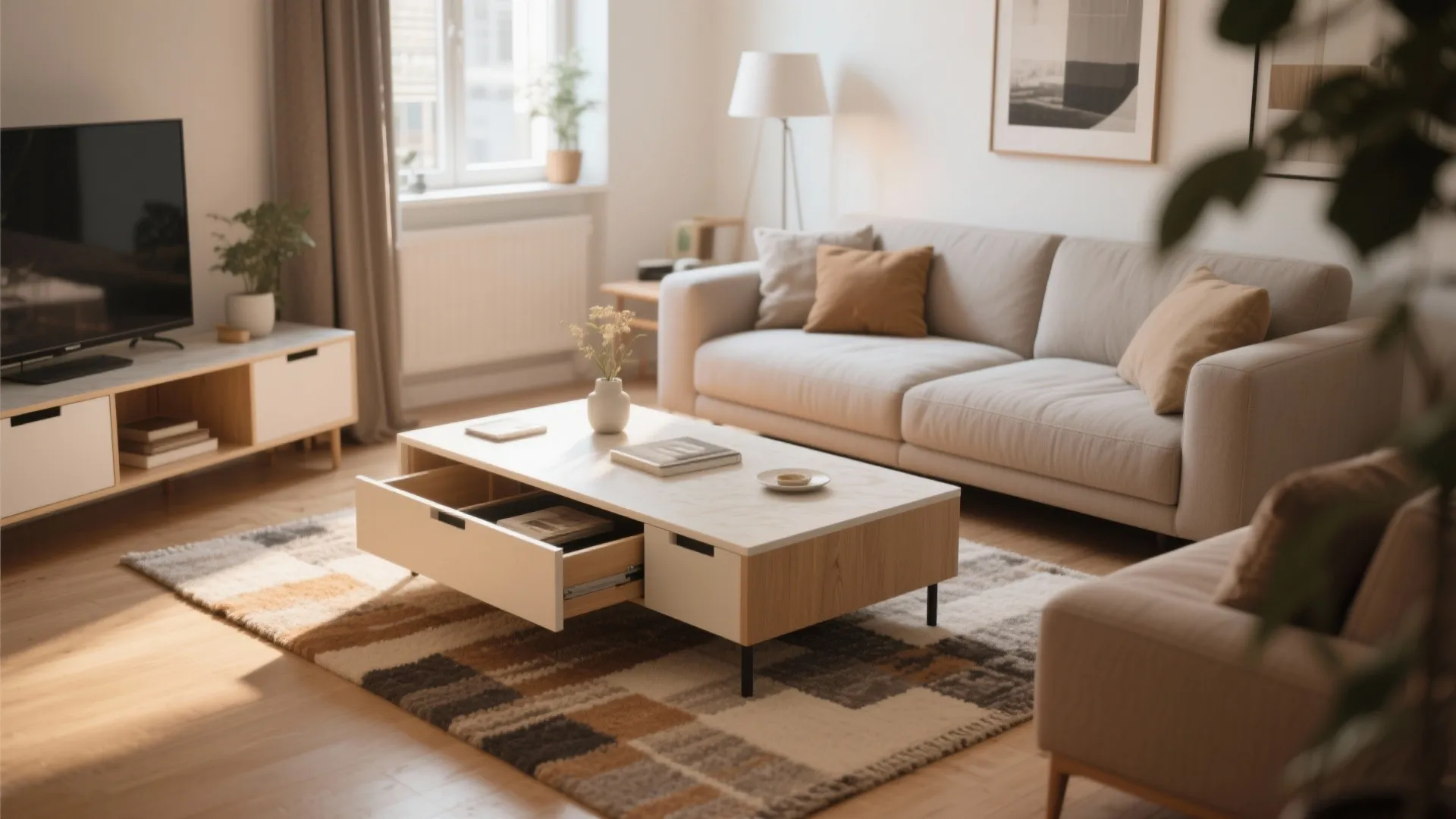 Modern coffee table with open drawer on patterned rug in living room with beige sofa