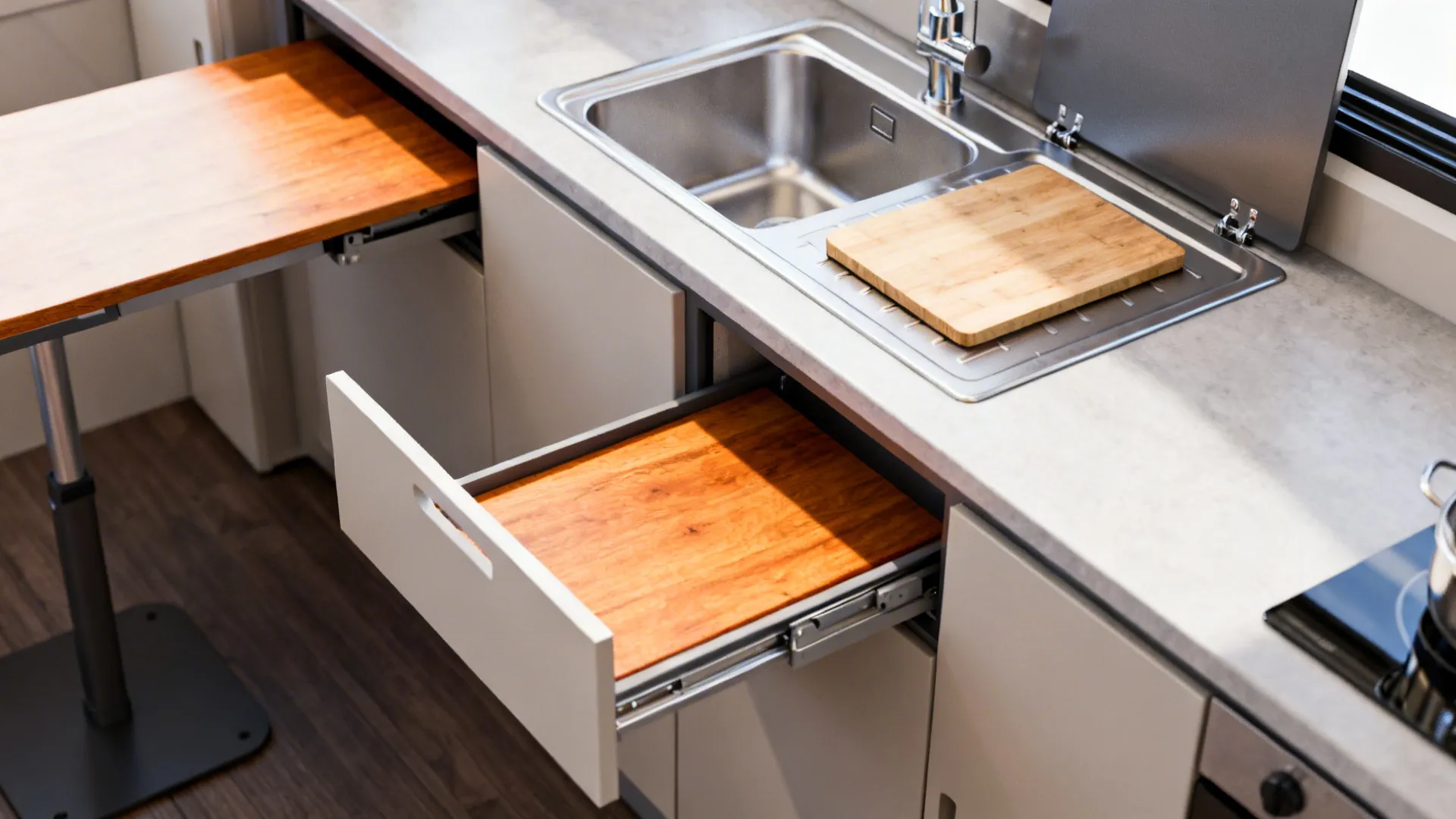 Top-down view showing foldaway table, slide-out cutting board and sink cover used as prep surface.