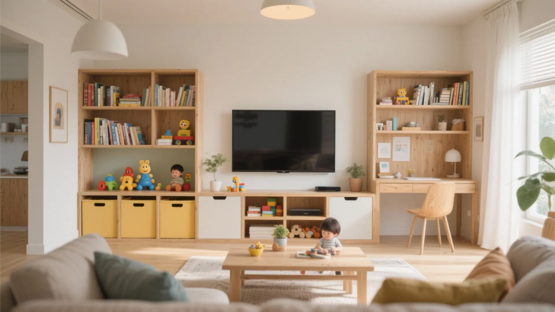 Multi-functional wall with TV, shelves, and desk in living room