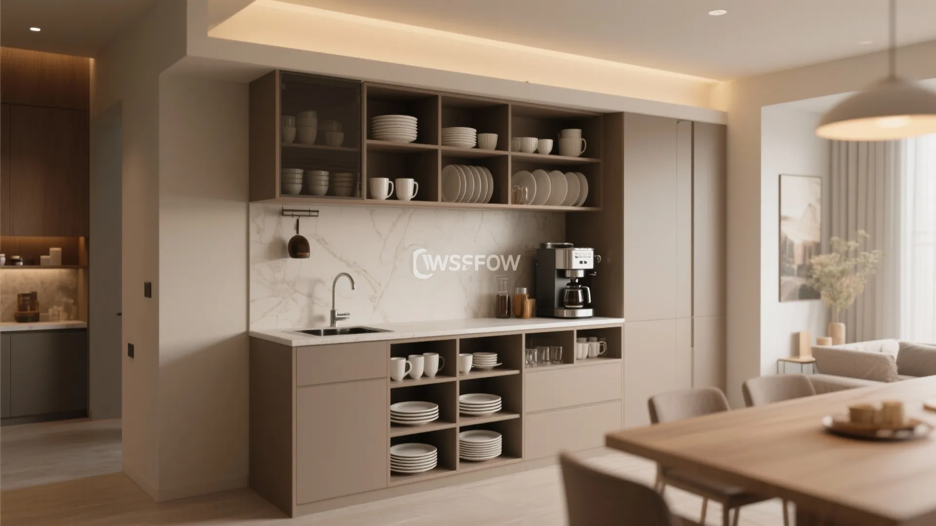 Modern brown cabinet with open shelves for plates and mugs including coffee machine and sink