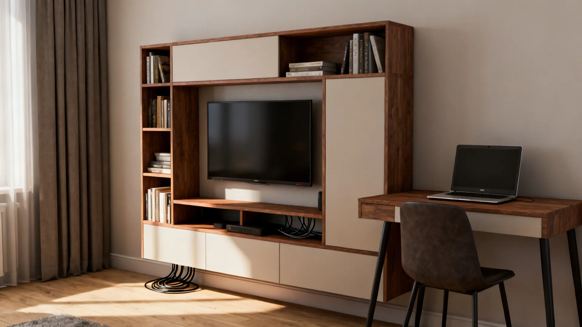 Multi-functional TV wall unit with an integrated small desk, hidden cable routing, and shelving.