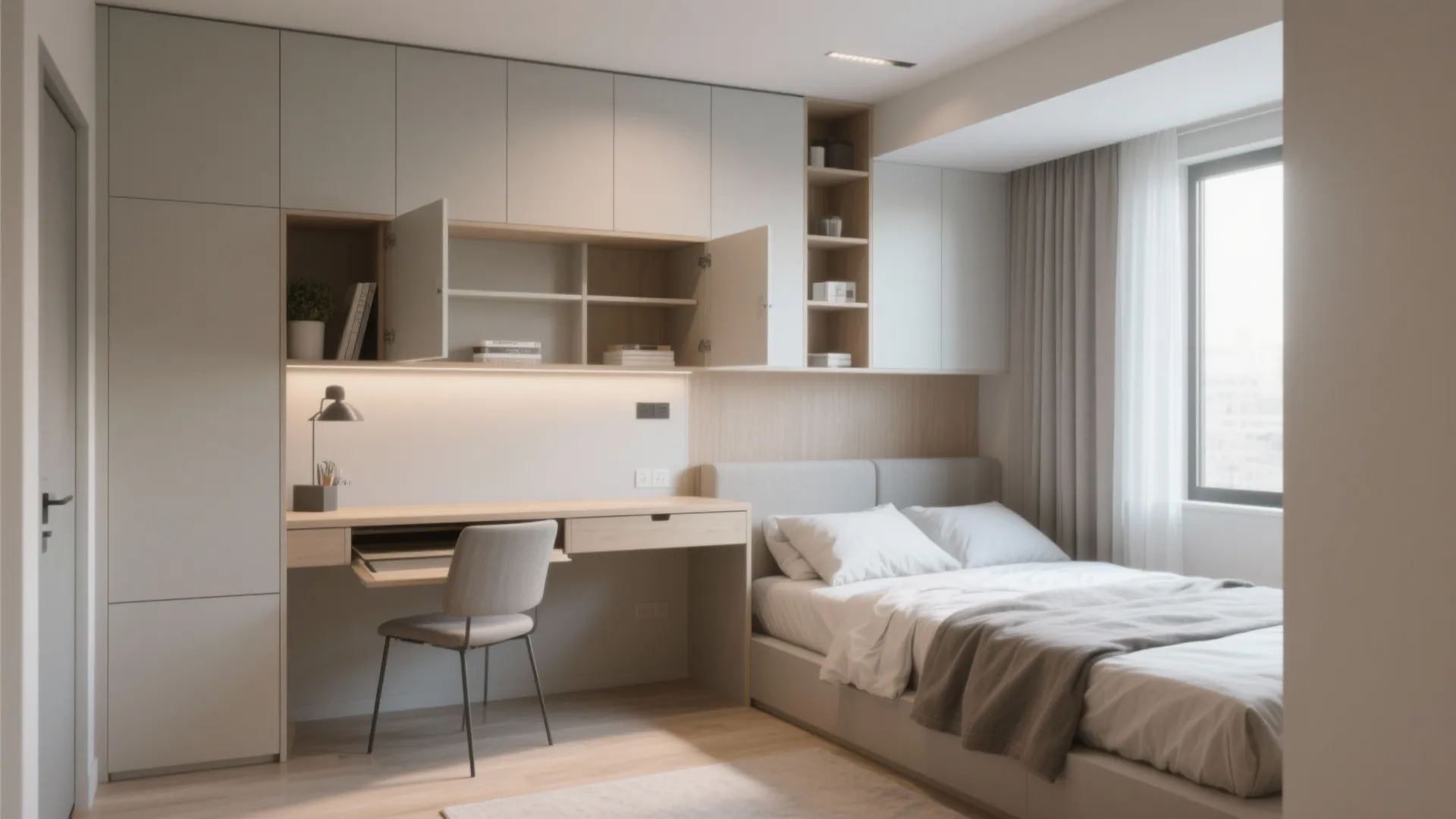 Small modern bedroom with integrated wooden desk, grey chair, white bed, and ceiling height storage
