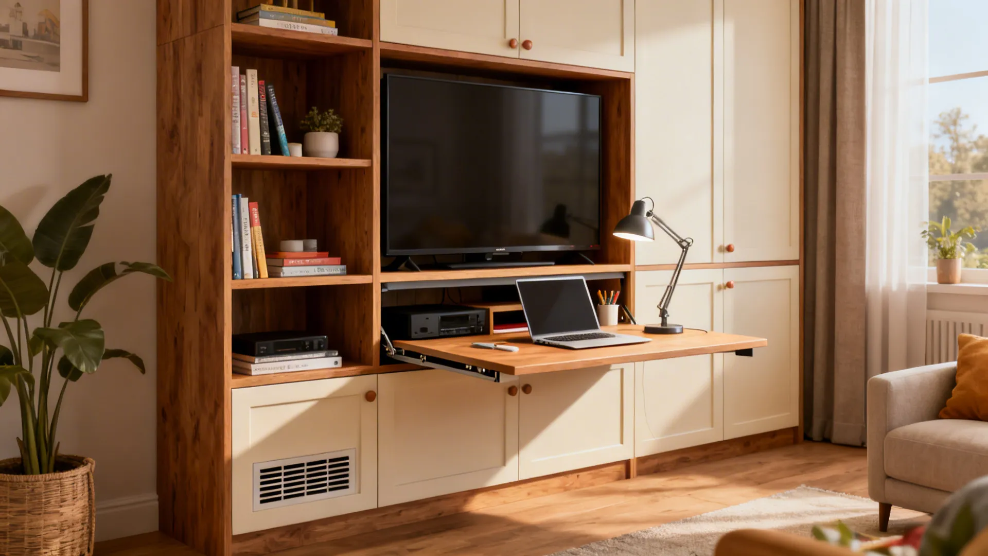 TV wall with integrated cabinetry and a fold-down desk creating a compact workspace