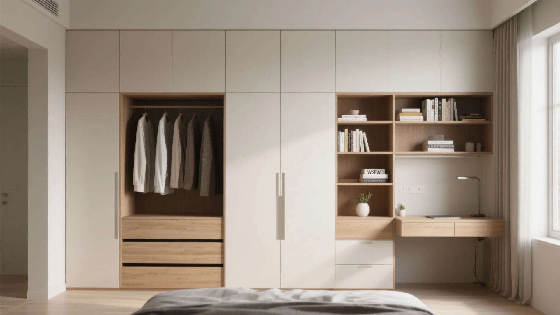 Built in white and wood cabinet system with hanging clothes shelves and a small desk