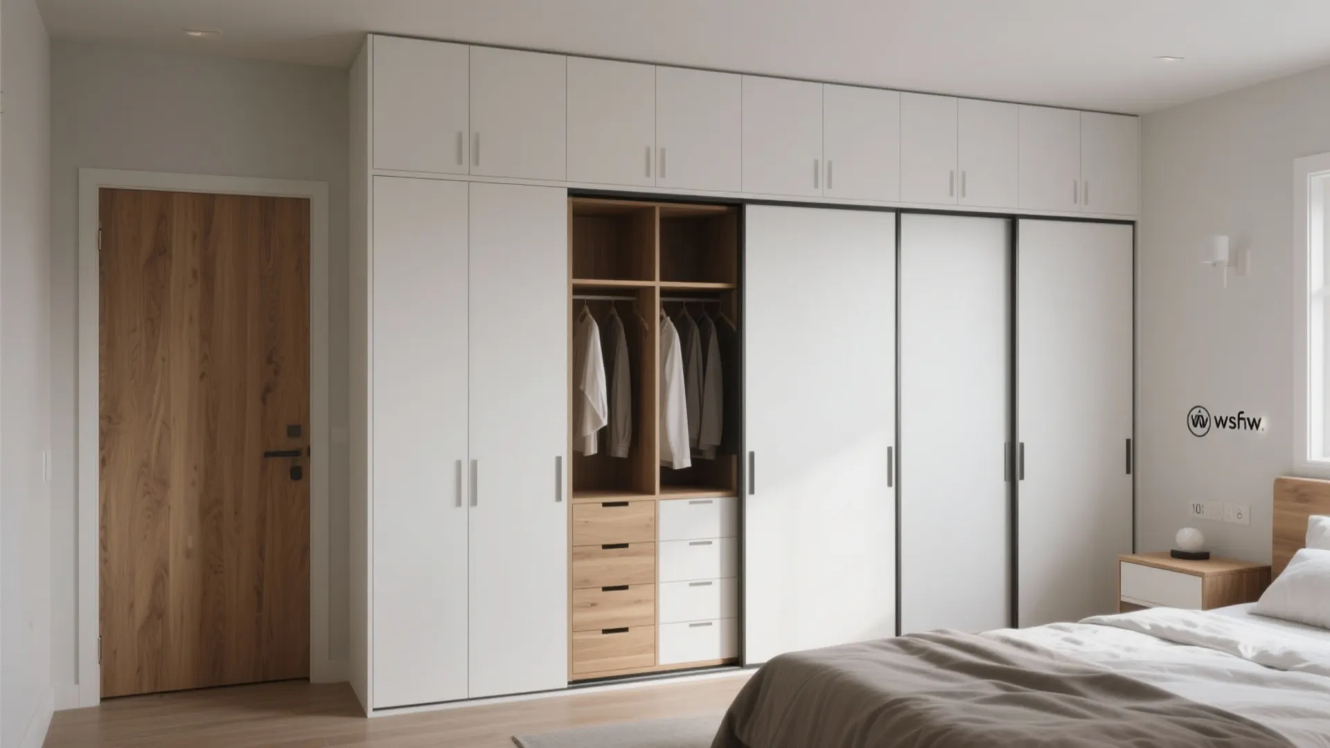 Large white built in wardrobe with sliding doors, open clothes storage, and wooden drawer units